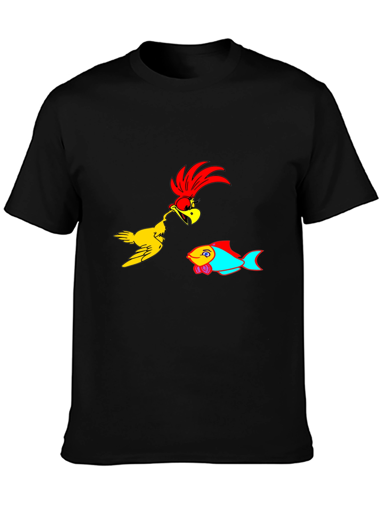 Cartoon Bird & Fish Graphic Black T-Shirt