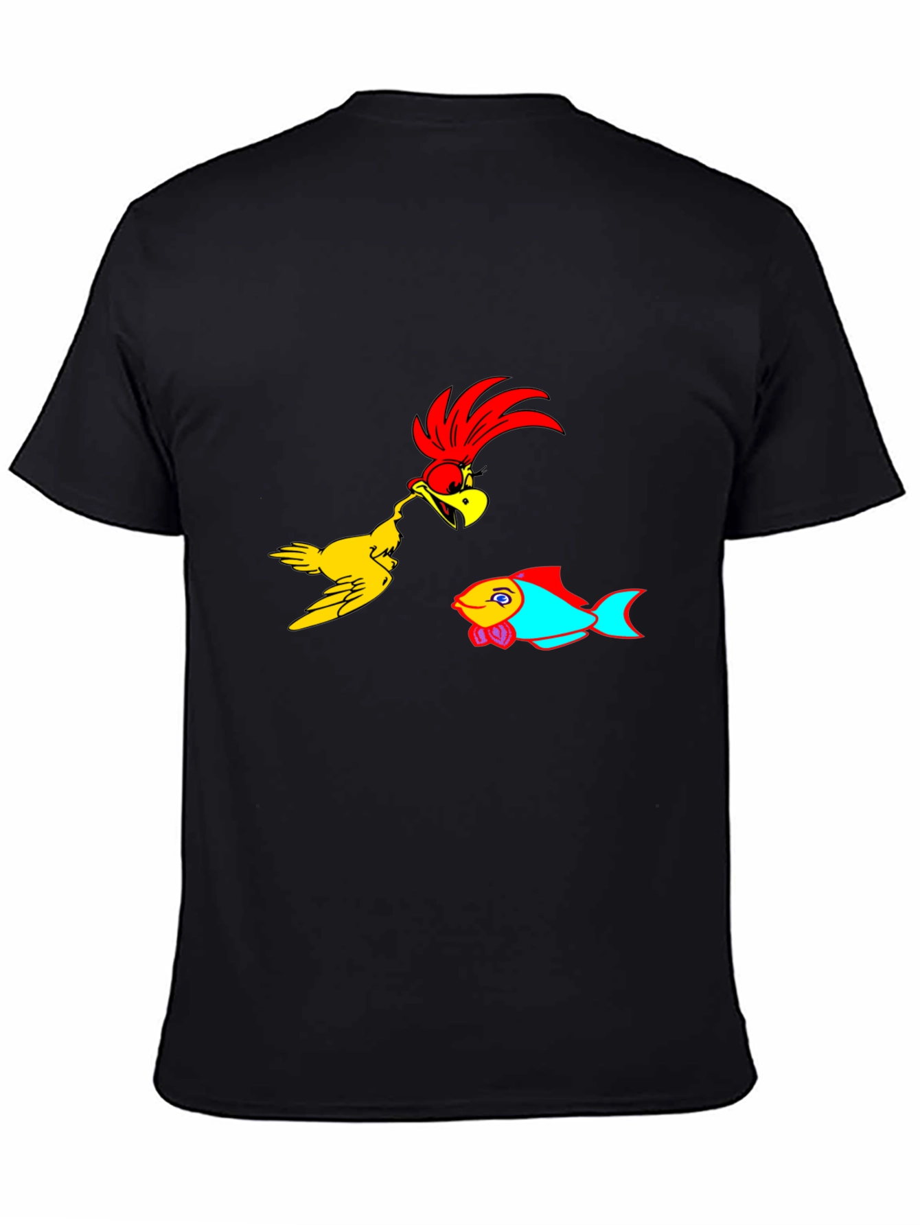 Cartoon Bird & Fish Graphic Black T-Shirt