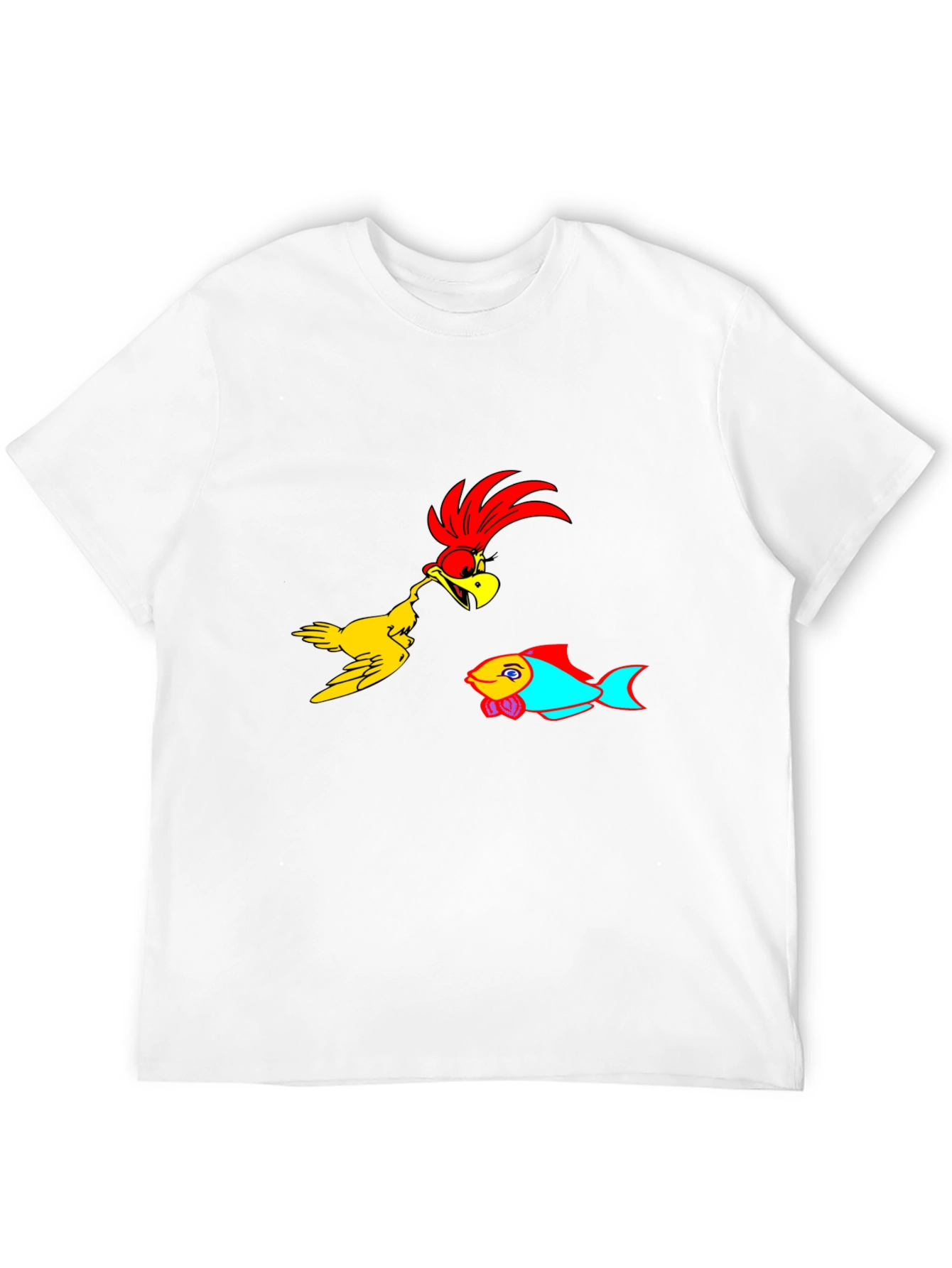 Cartoon Bird & Fish Graphic Black T-Shirt
