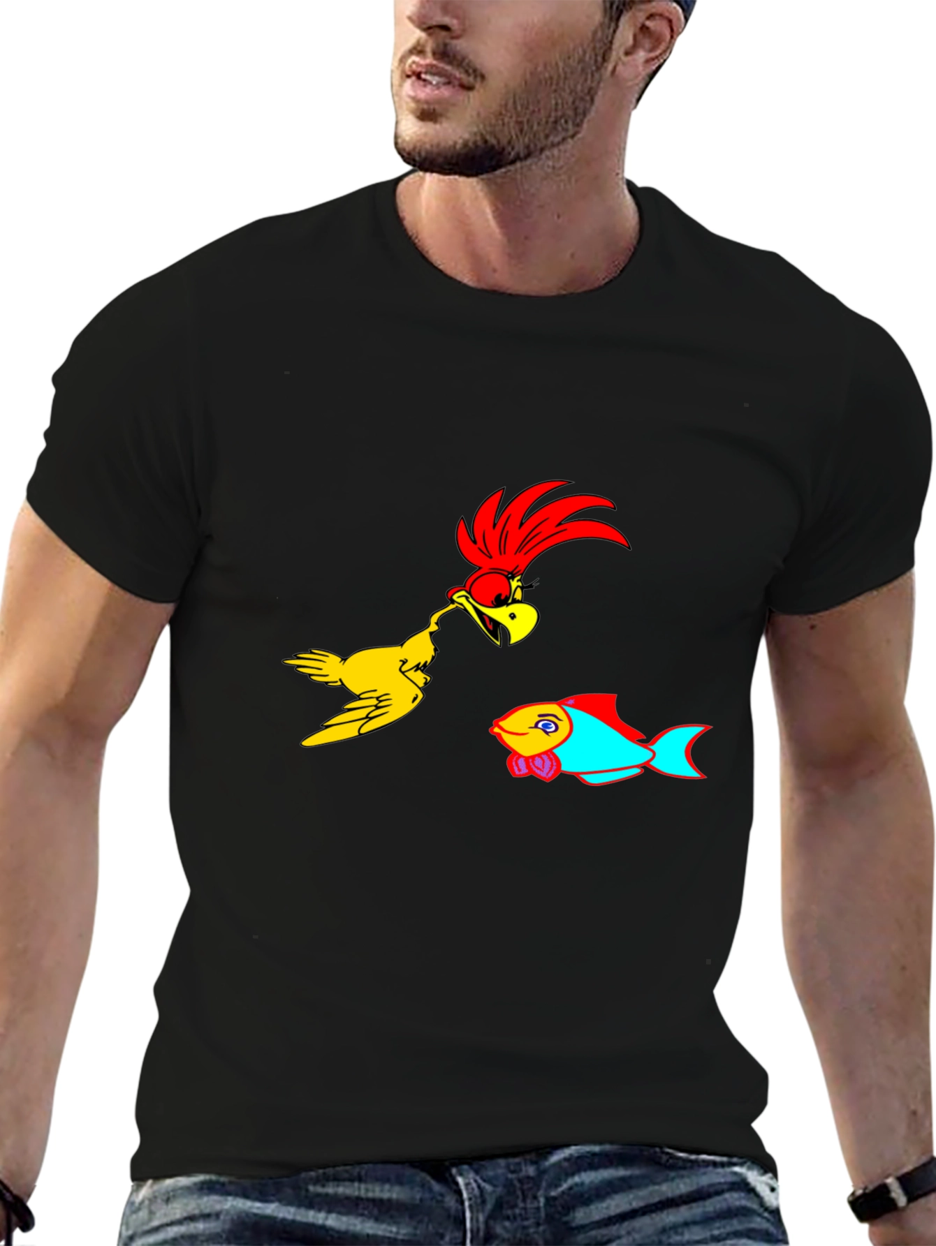 Cartoon Bird & Fish Graphic Black T-Shirt
