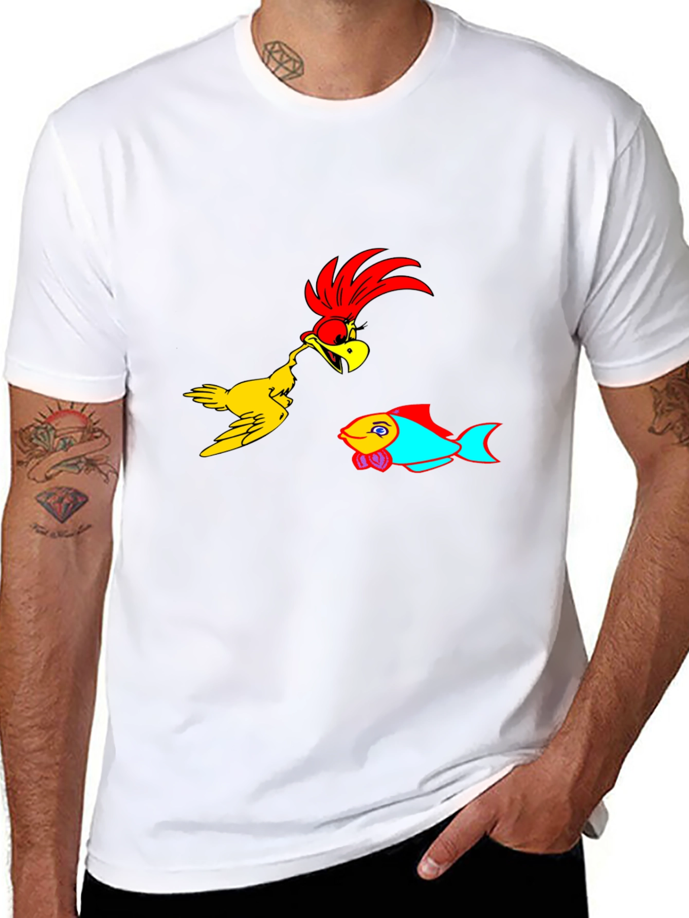 Cartoon Bird & Fish Graphic Black T-Shirt