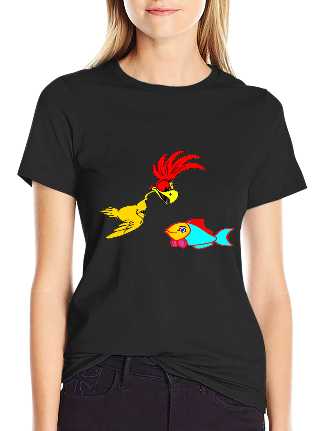 Cartoon Bird & Fish Graphic Black T-Shirt