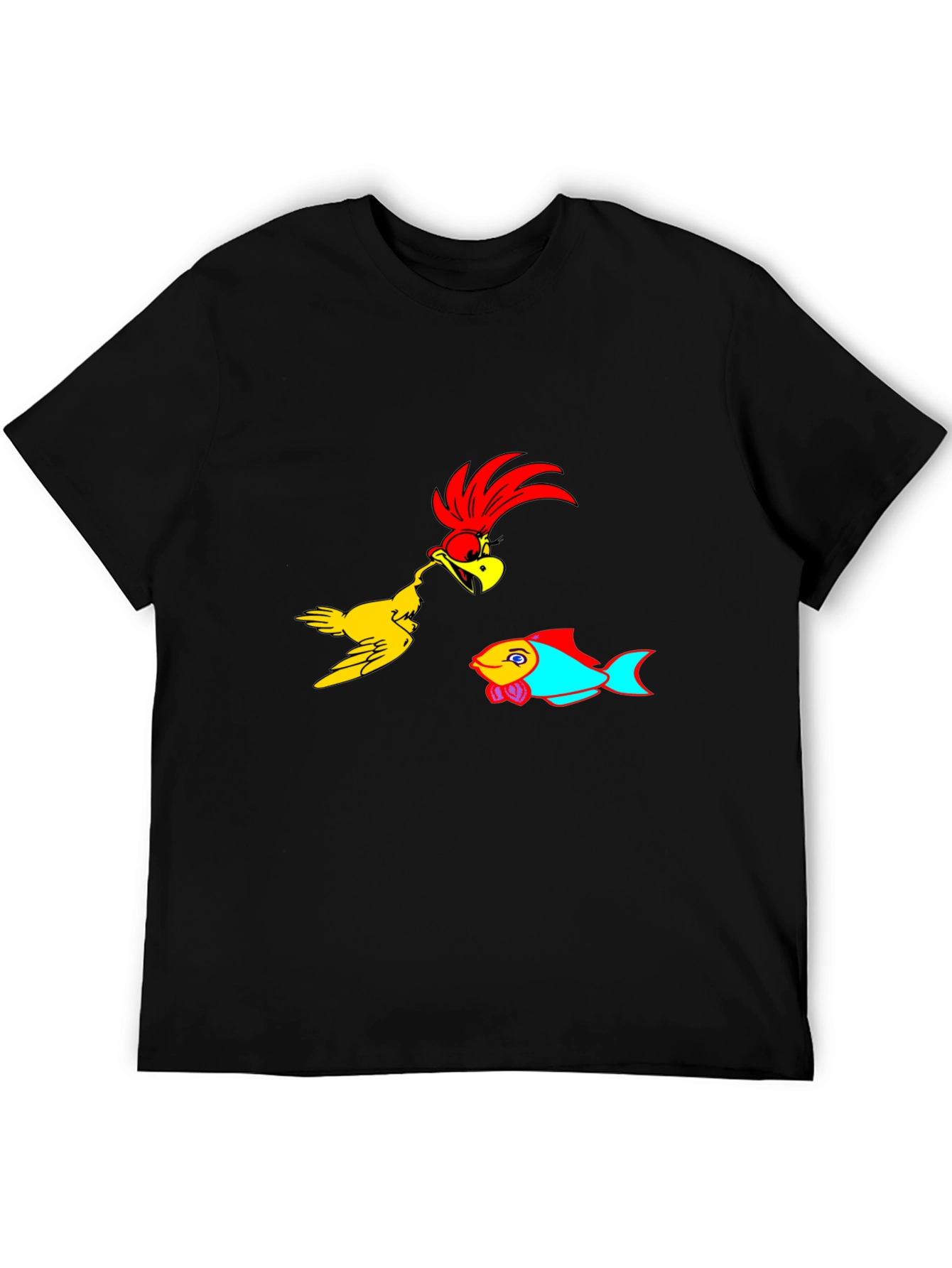 Cartoon Bird & Fish Graphic Black T-Shirt