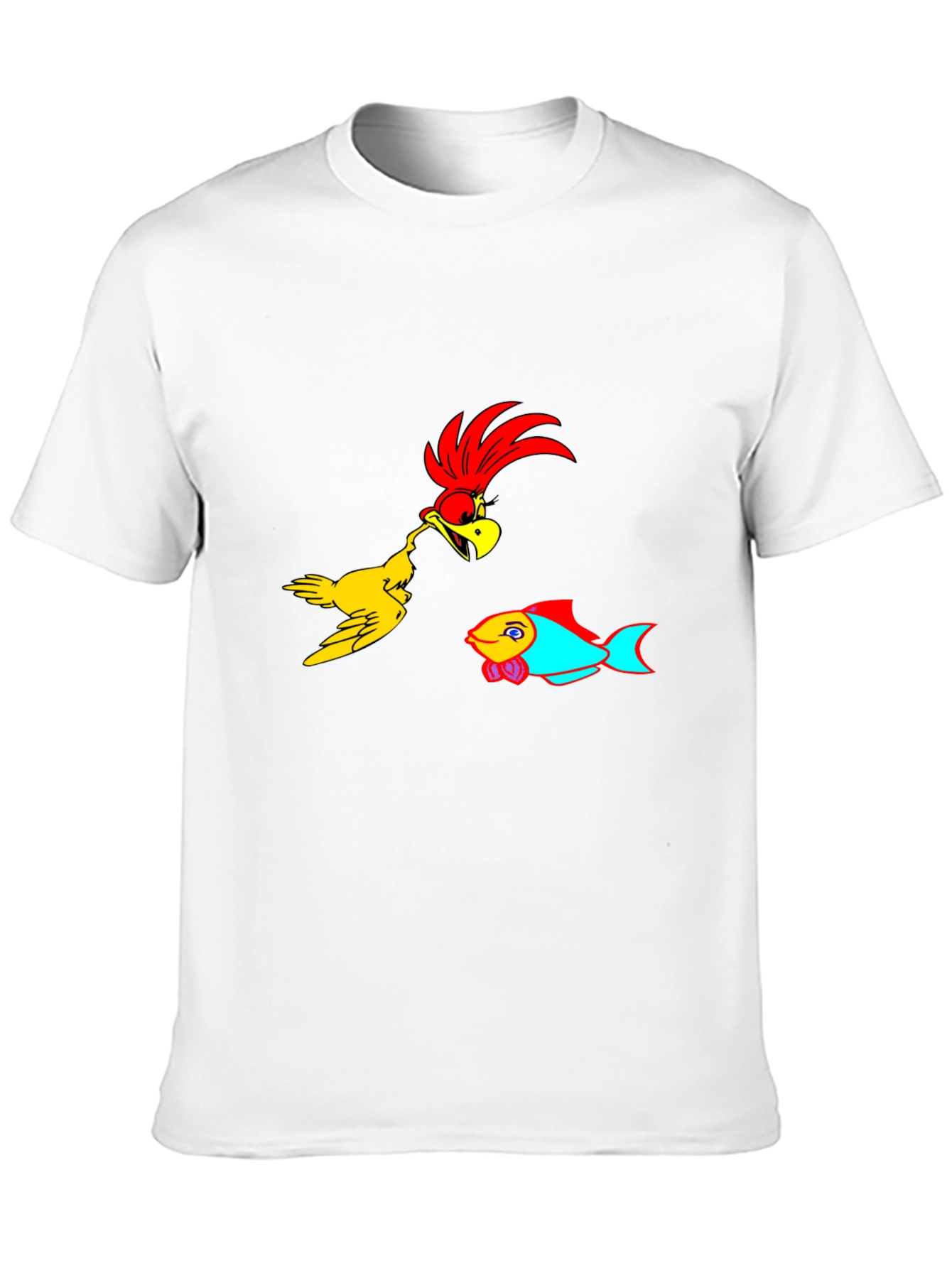 Cartoon Bird & Fish Graphic Black T-Shirt
