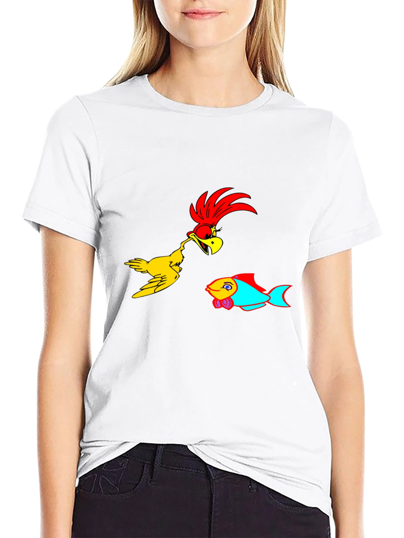Cartoon Bird & Fish Graphic Black T-Shirt