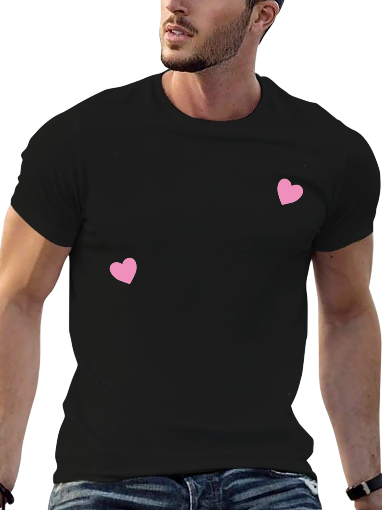 Mens Black T-Shirt with Pink Hearts