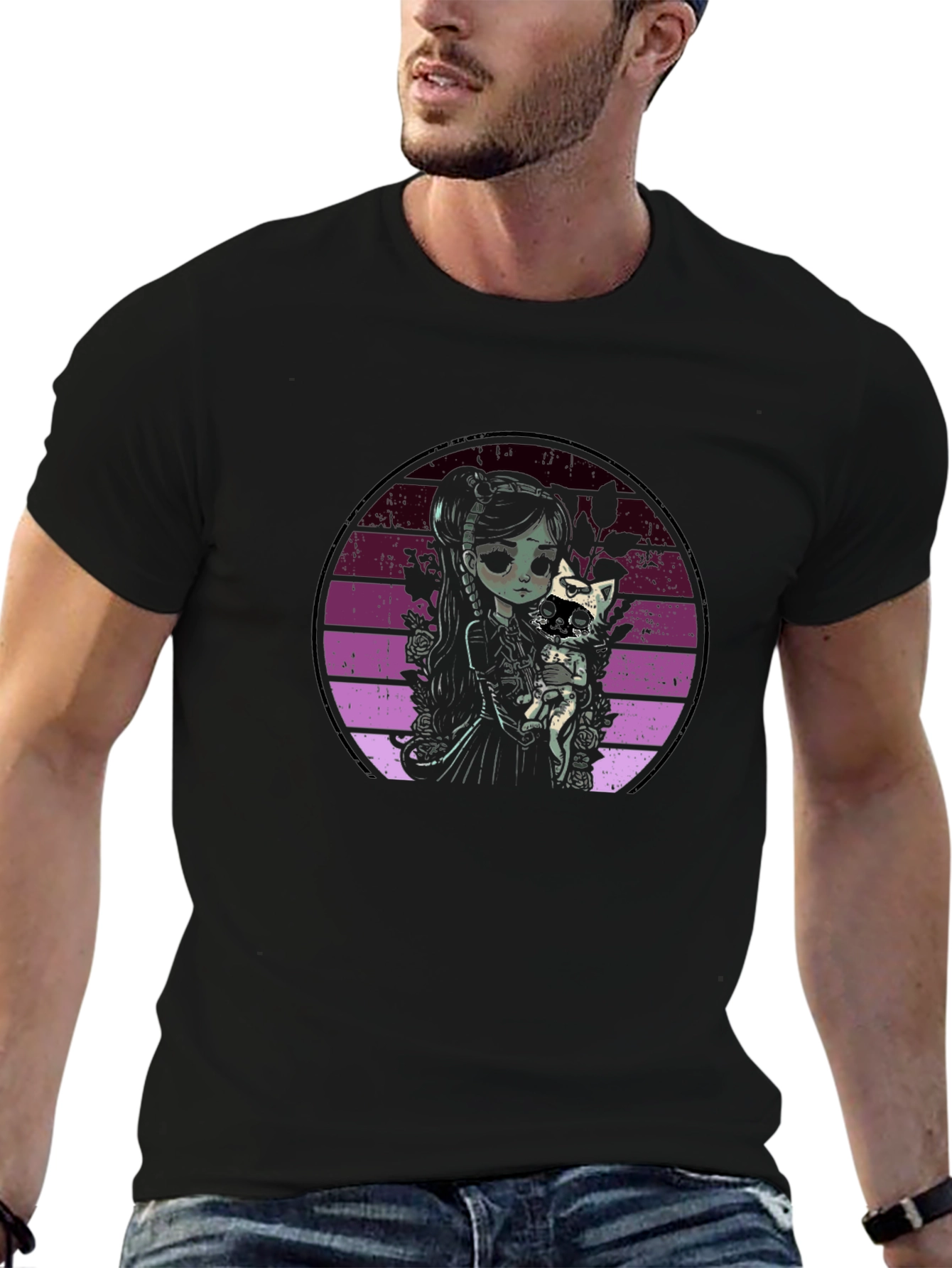 Gothic Girl with Cat T-Shirt