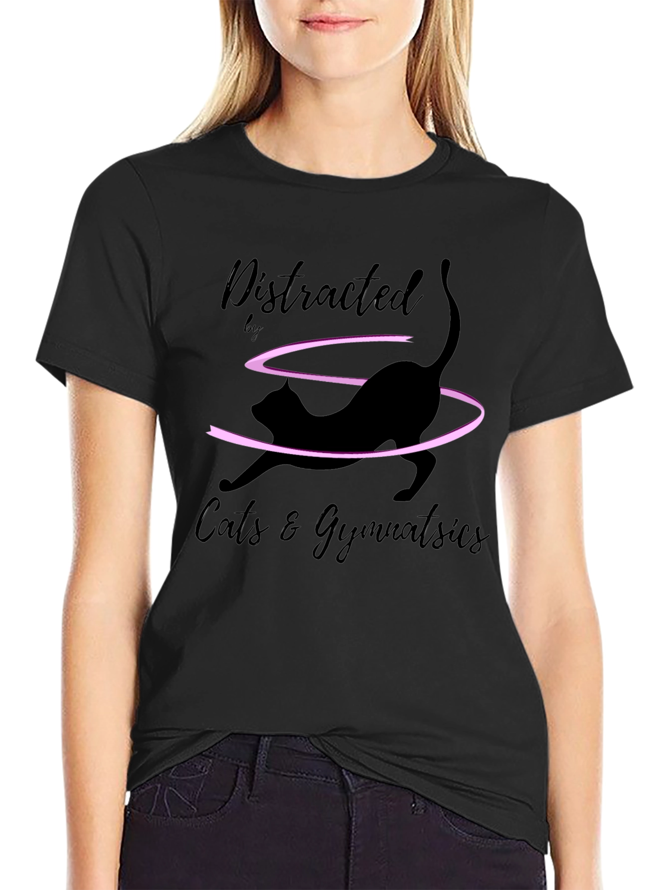 Distracted by Cats & Gymnastics Black T-Shirt