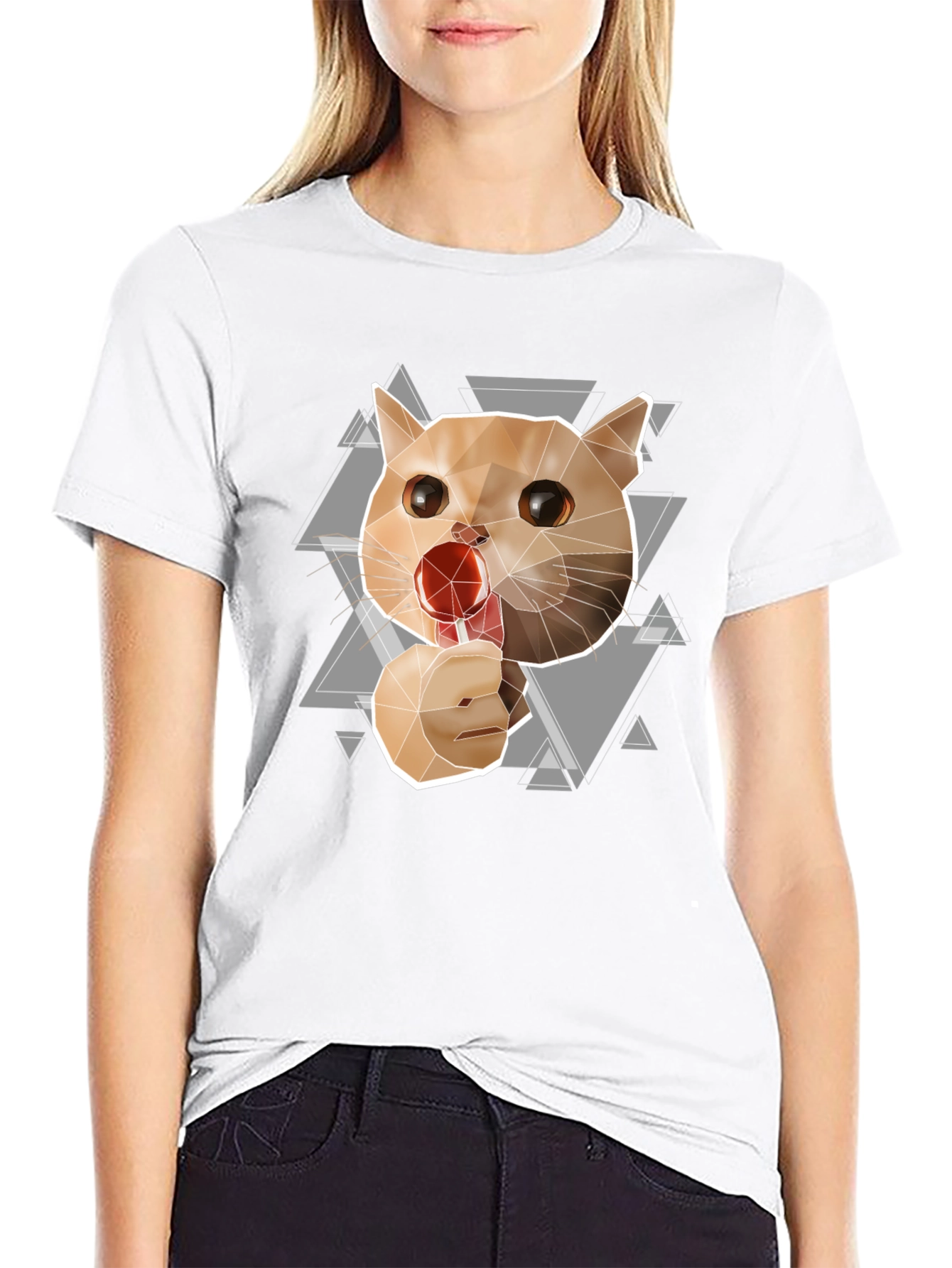 Geometric Cat Lollipop Graphic Tee - Black Cotton Blend