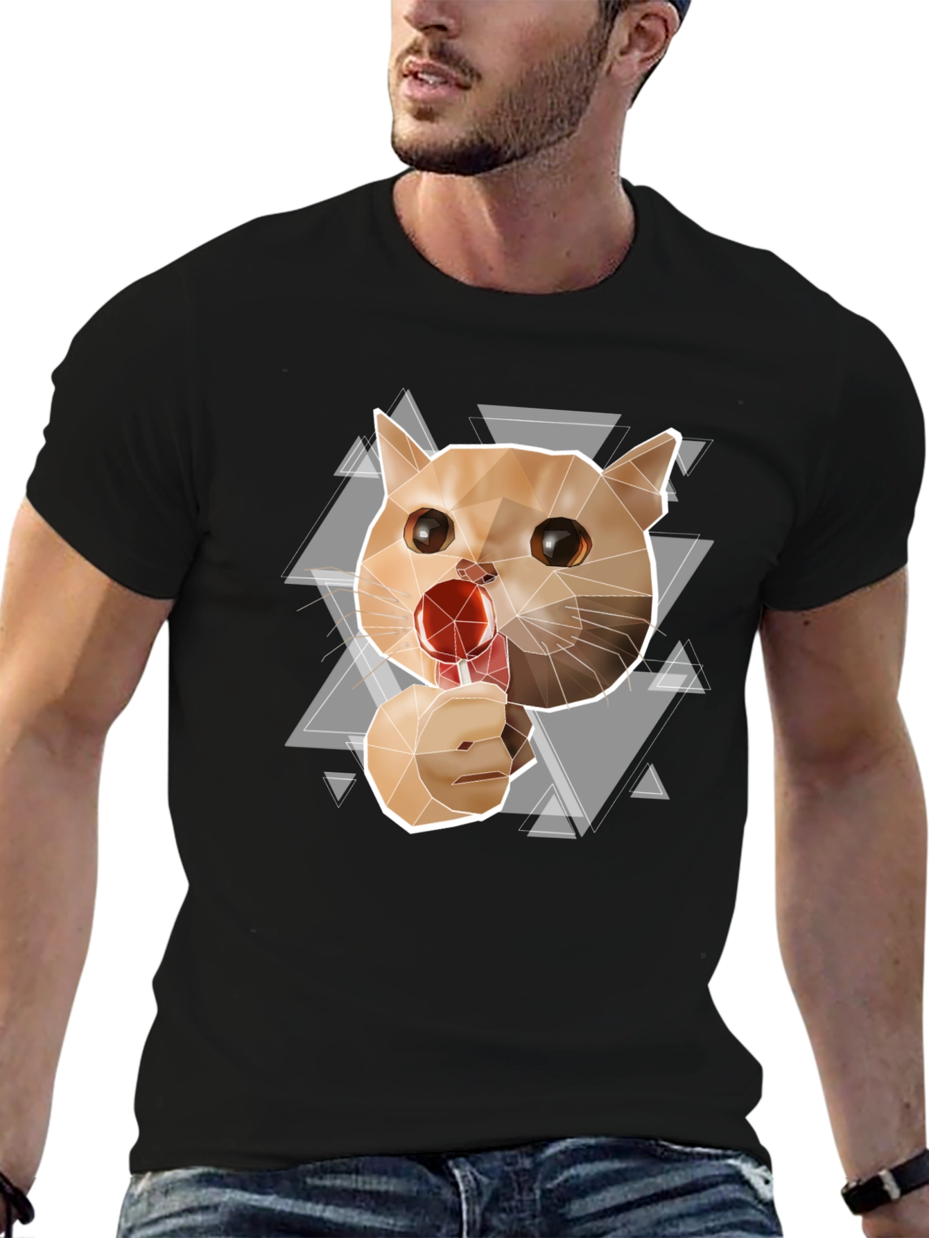 Geometric Cat Lollipop Graphic Tee - Black Cotton Blend