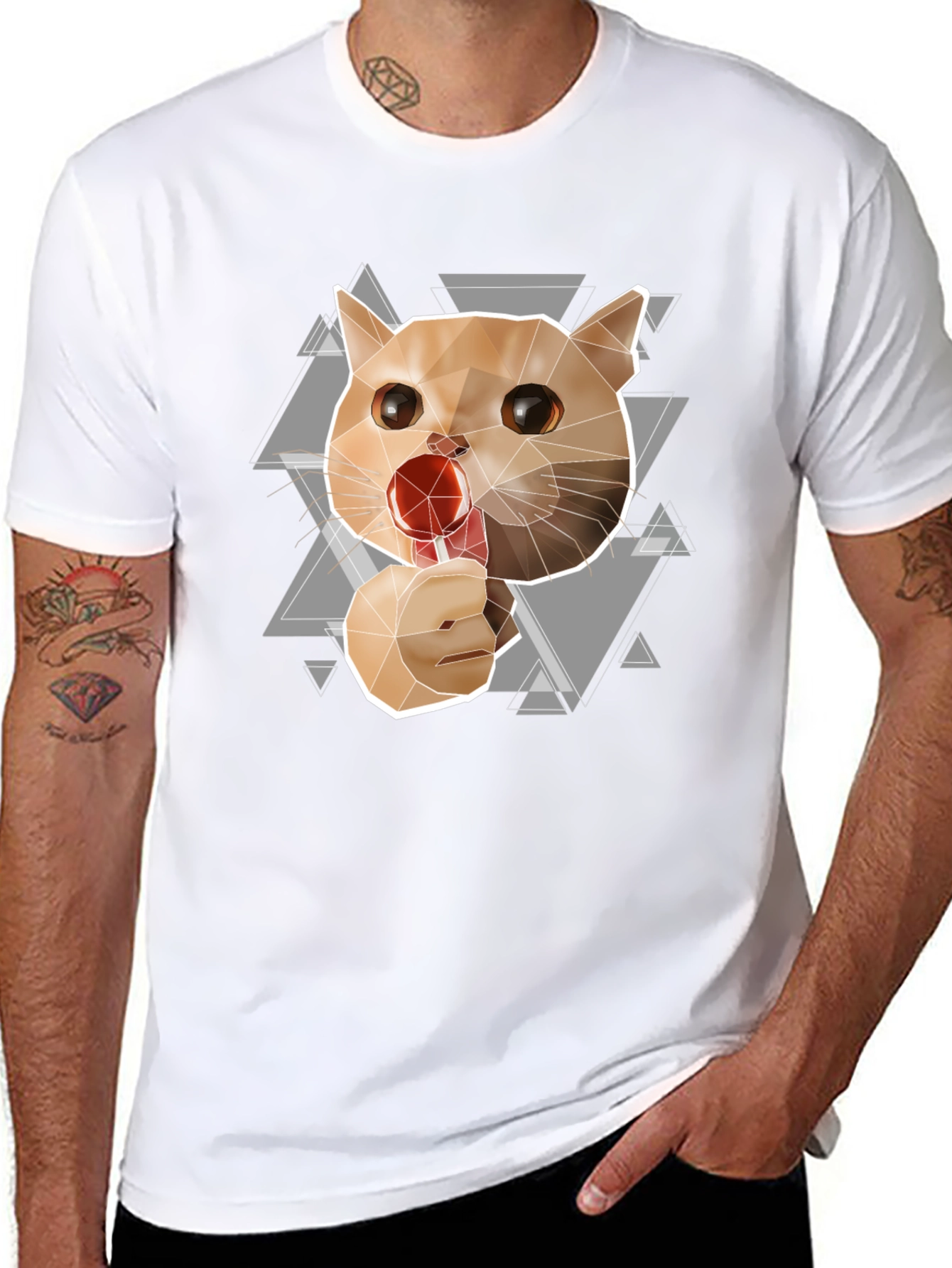 Geometric Cat Lollipop Graphic Tee - Black Cotton Blend