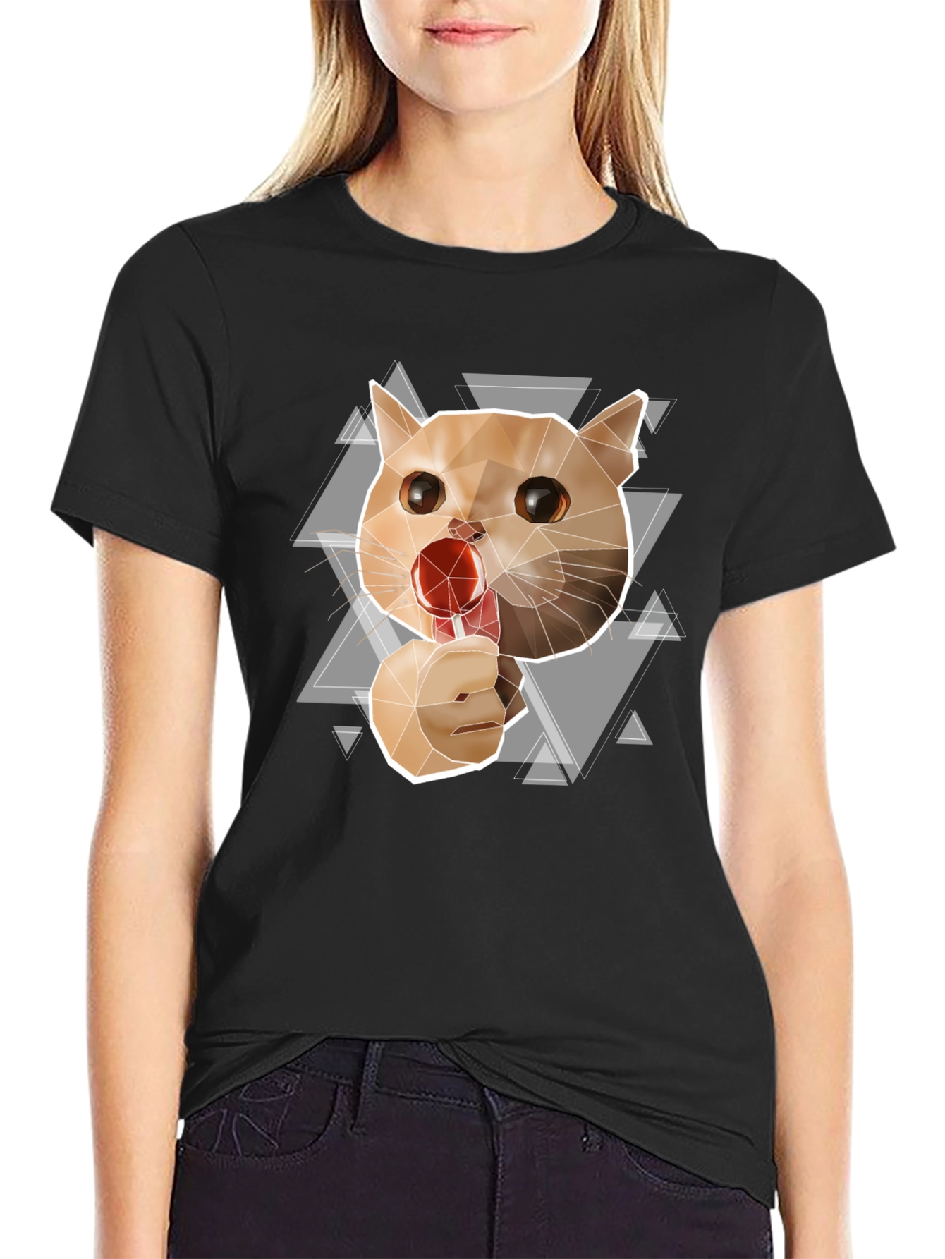 Geometric Cat Lollipop Graphic Tee - Black Cotton Blend