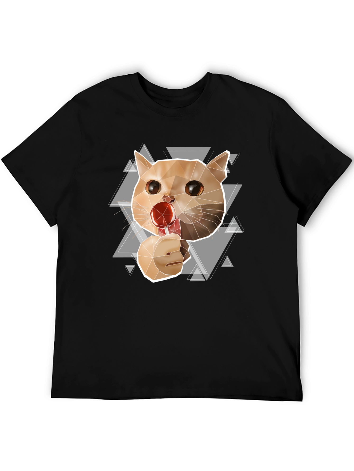 Geometric Cat Lollipop Graphic Tee - Black Cotton Blend