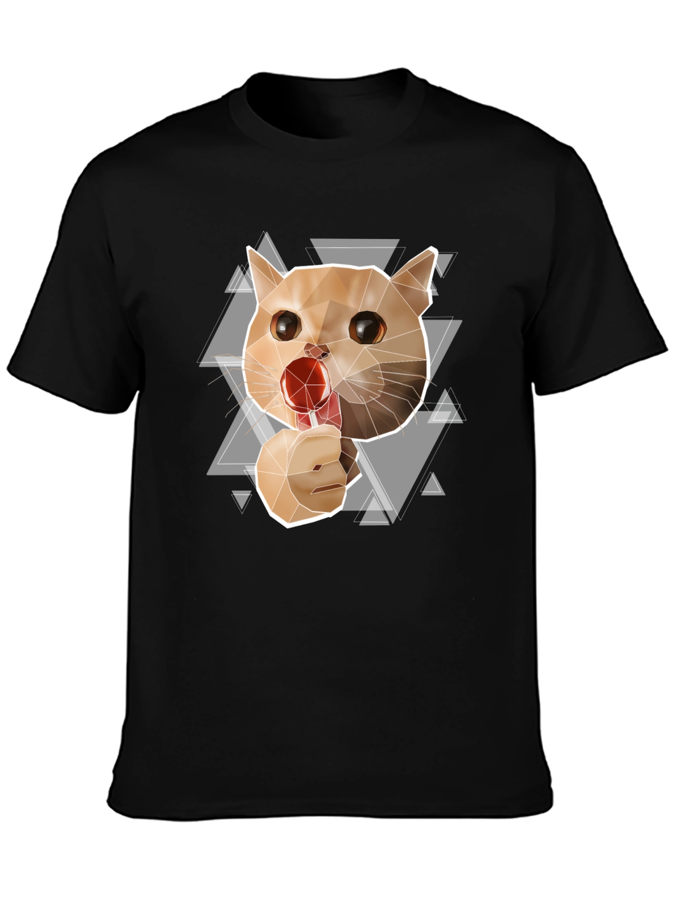 Geometric Cat Lollipop Graphic Tee - Black Cotton Blend