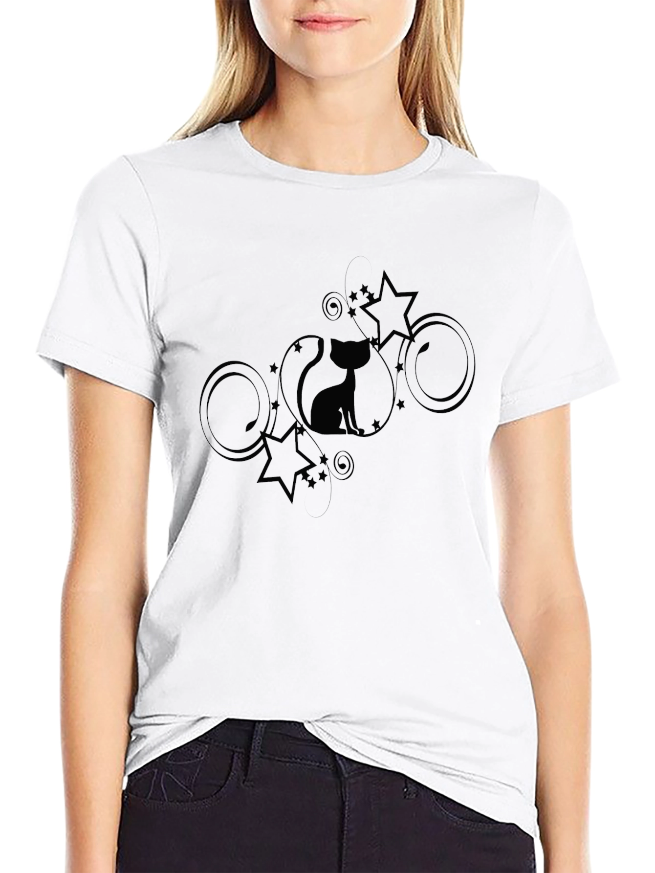 Stylish Black Cat & Stars Graphic T-Shirt
