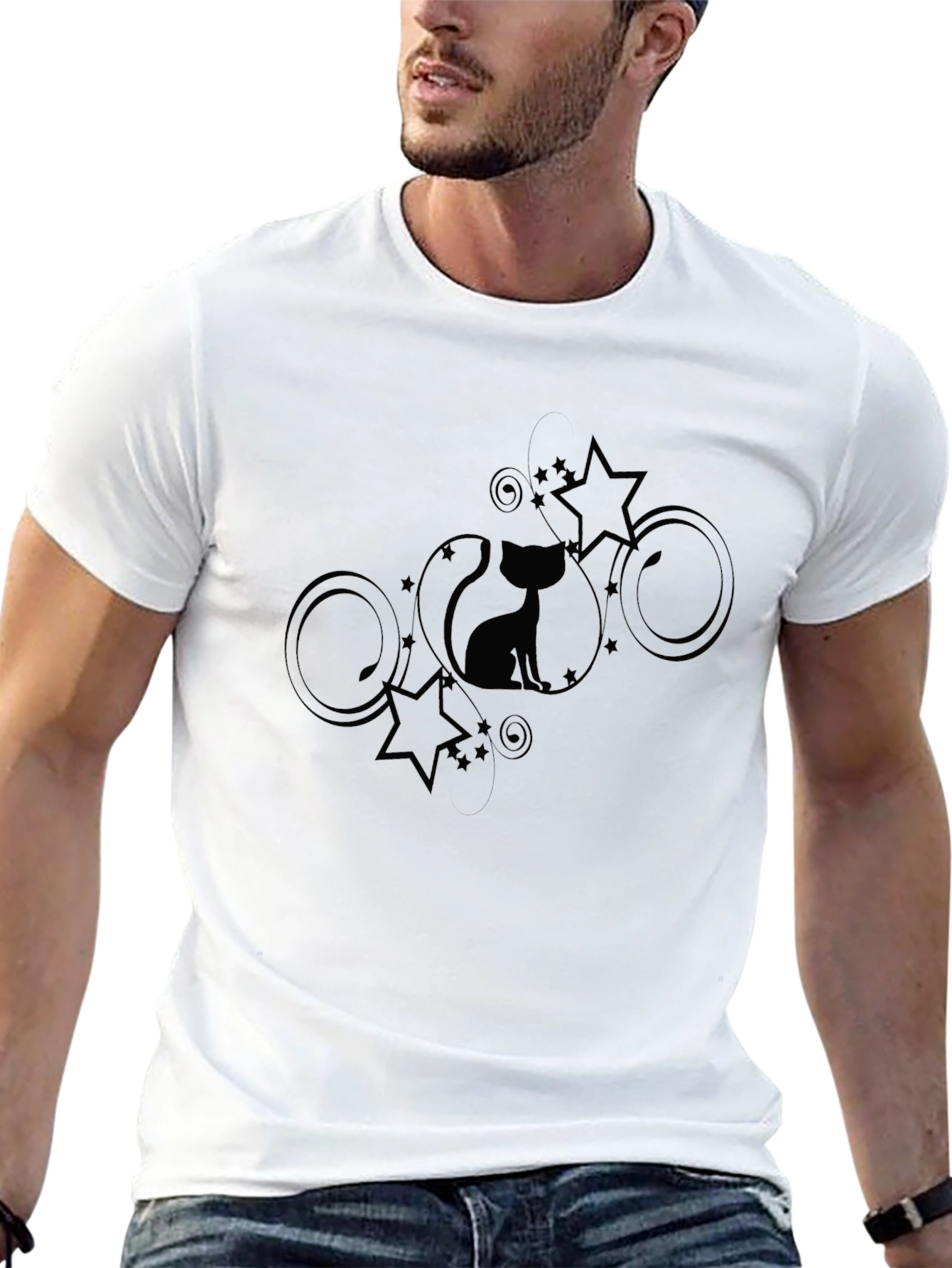 Stylish Black Cat & Stars Graphic T-Shirt