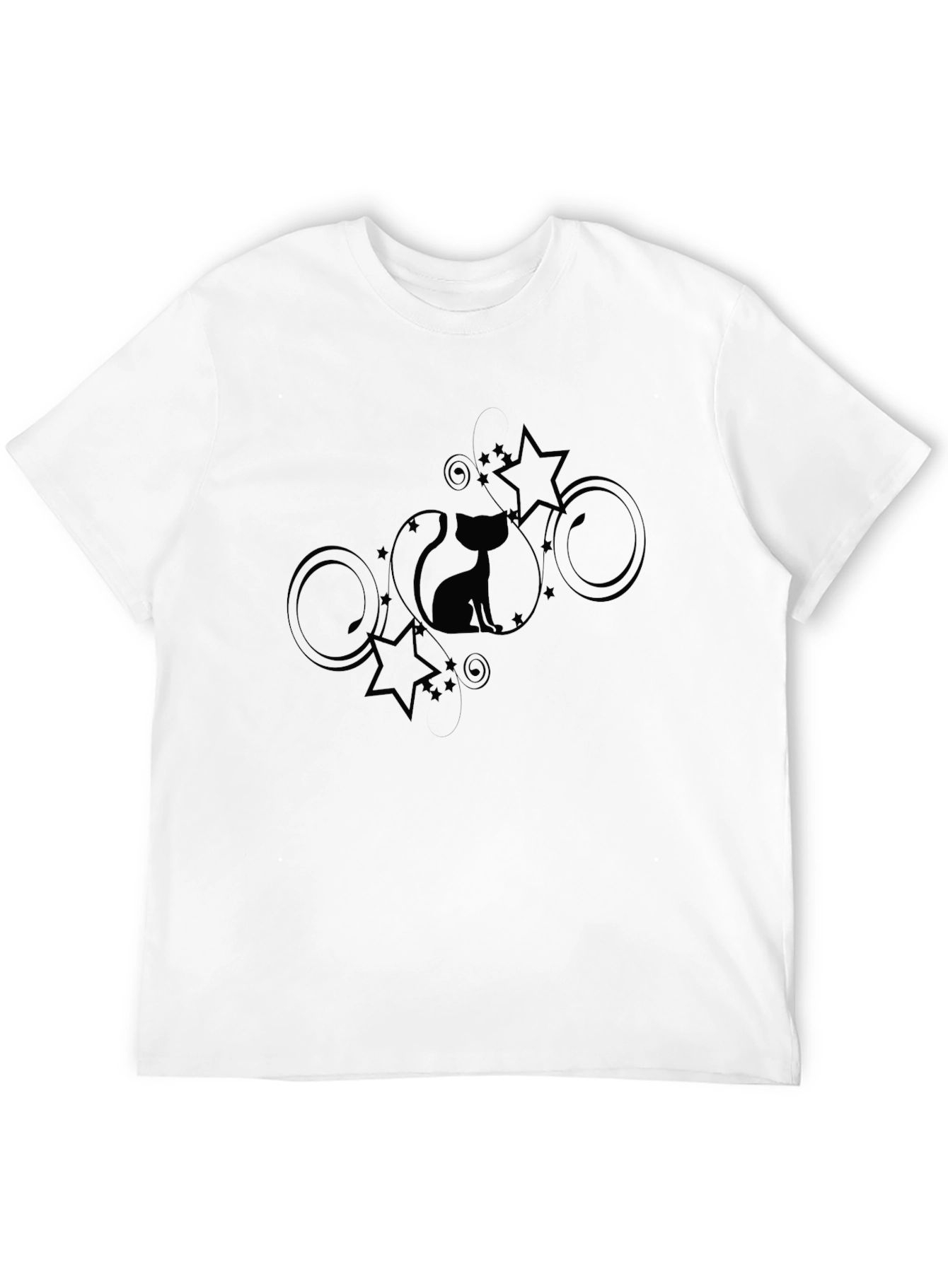 Stylish Black Cat & Stars Graphic T-Shirt