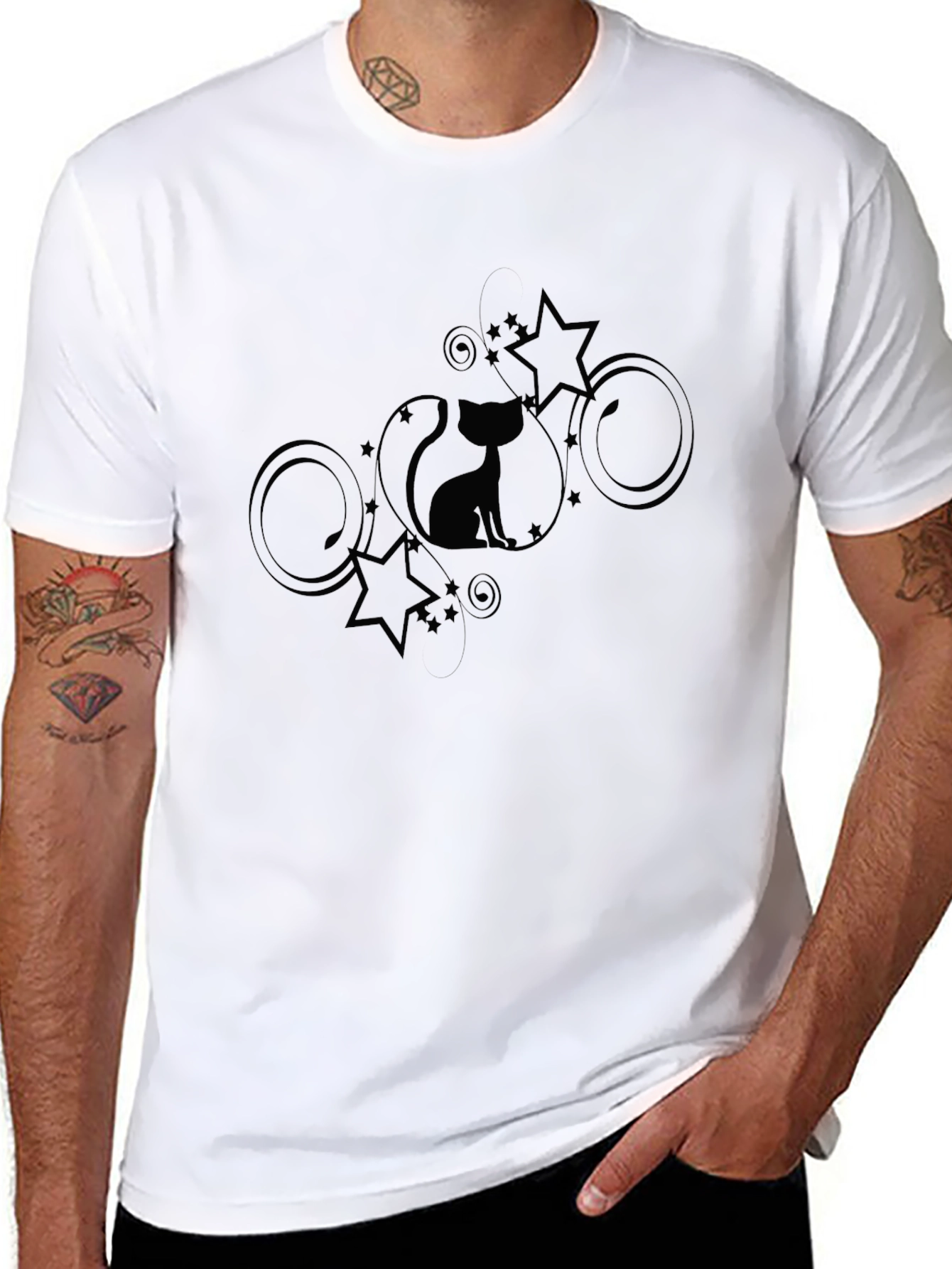Stylish Black Cat & Stars Graphic T-Shirt