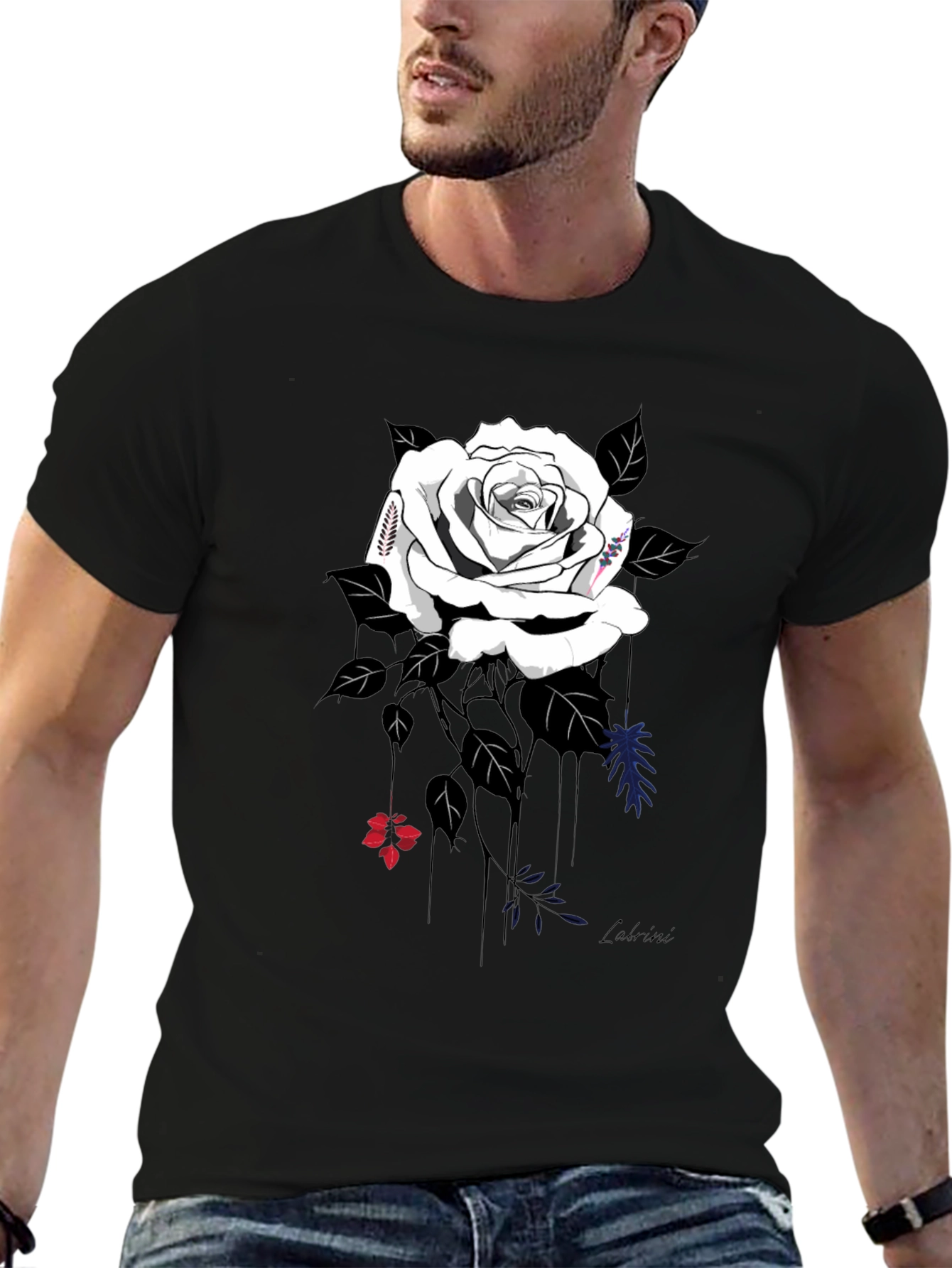 Elegant Rose Graphic Tee - Stylish Black Cotton Blend
