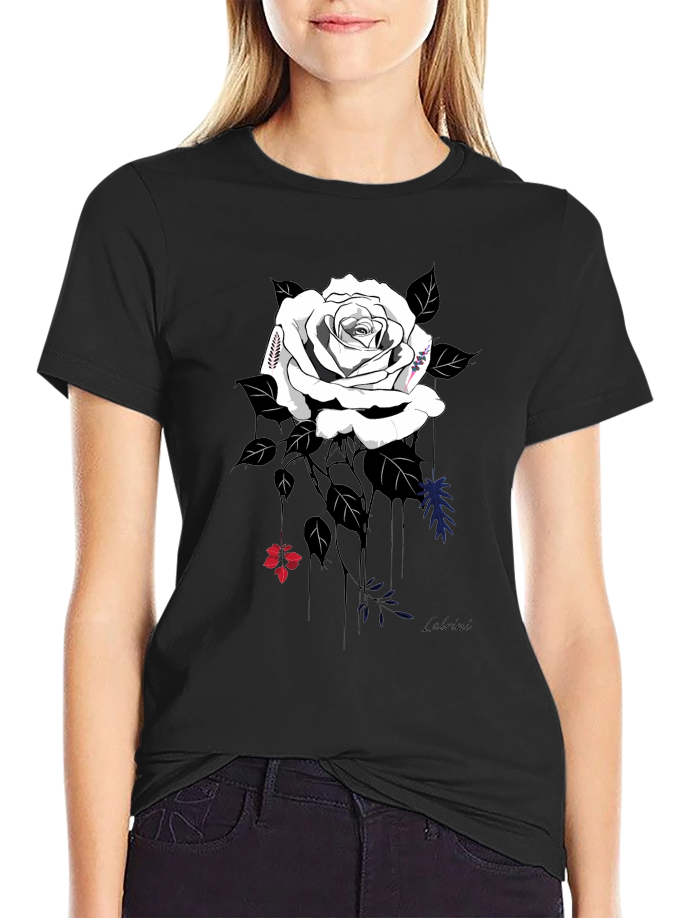 Elegant Rose Graphic Tee - Stylish Black Cotton Blend