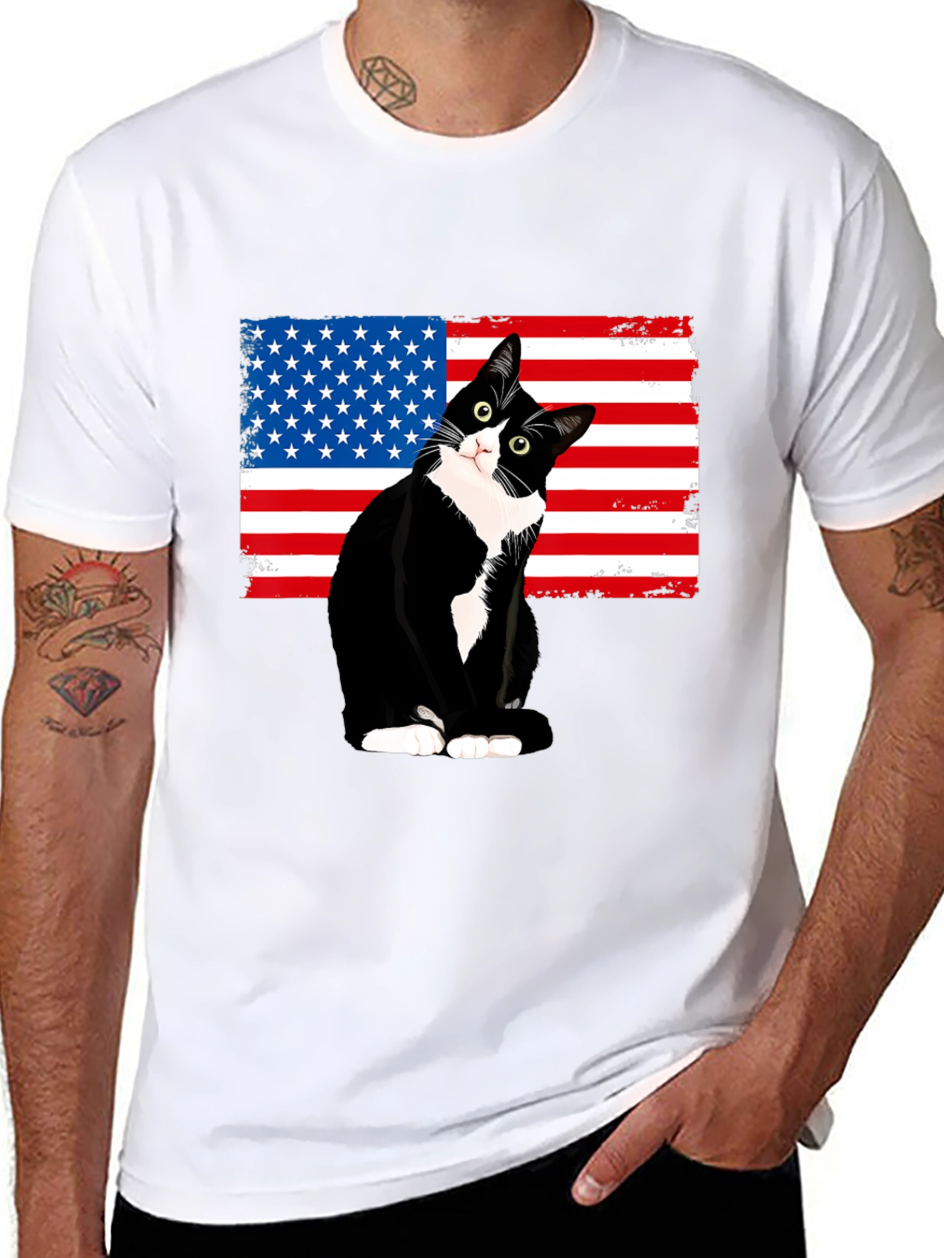 Patriotic Cat USA Flag T-Shirt - Black
