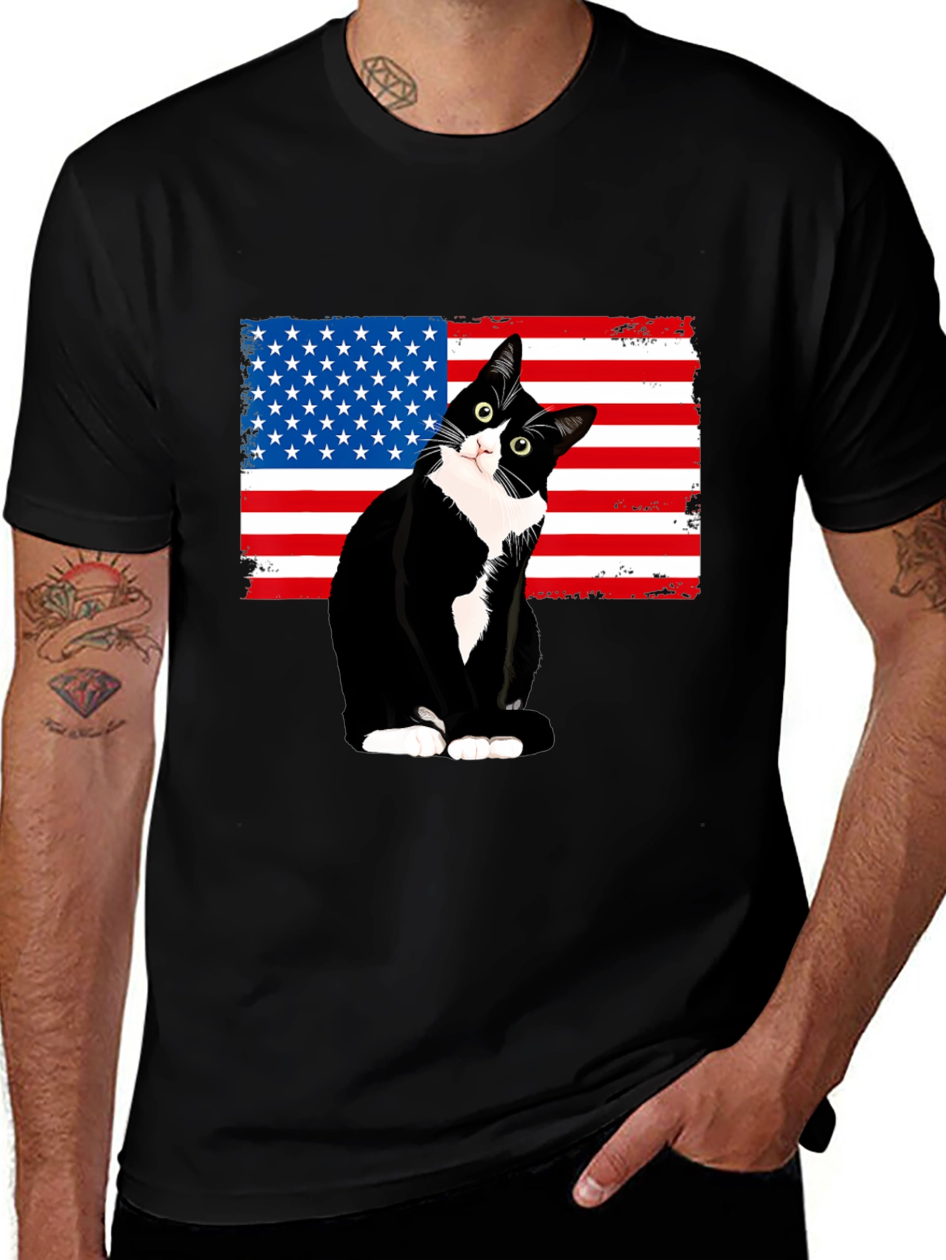 Patriotic Cat USA Flag T-Shirt - Black