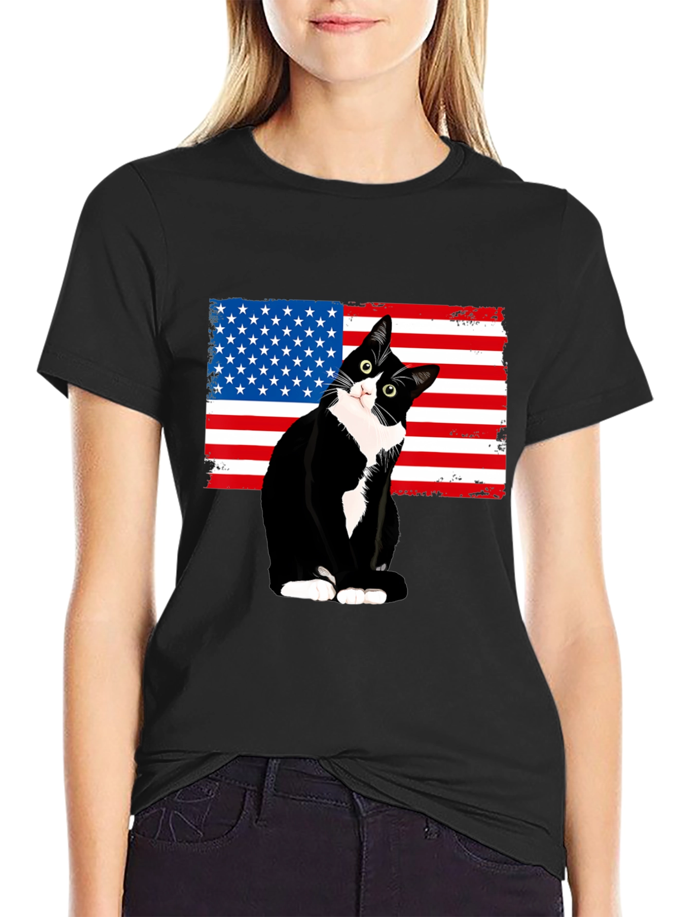 Patriotic Cat USA Flag T-Shirt - Black