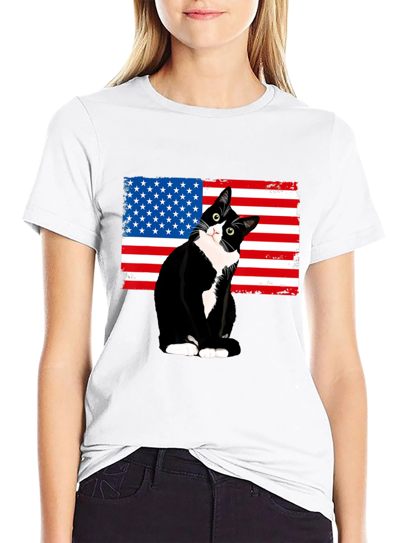 Patriotic Cat USA Flag T-Shirt - Black
