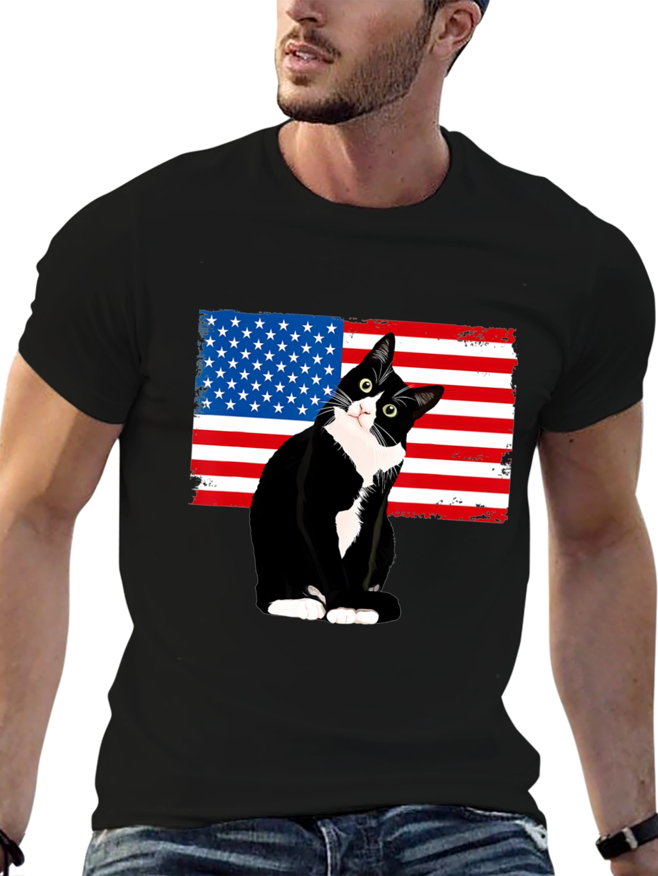 Patriotic Cat USA Flag T-Shirt - Black