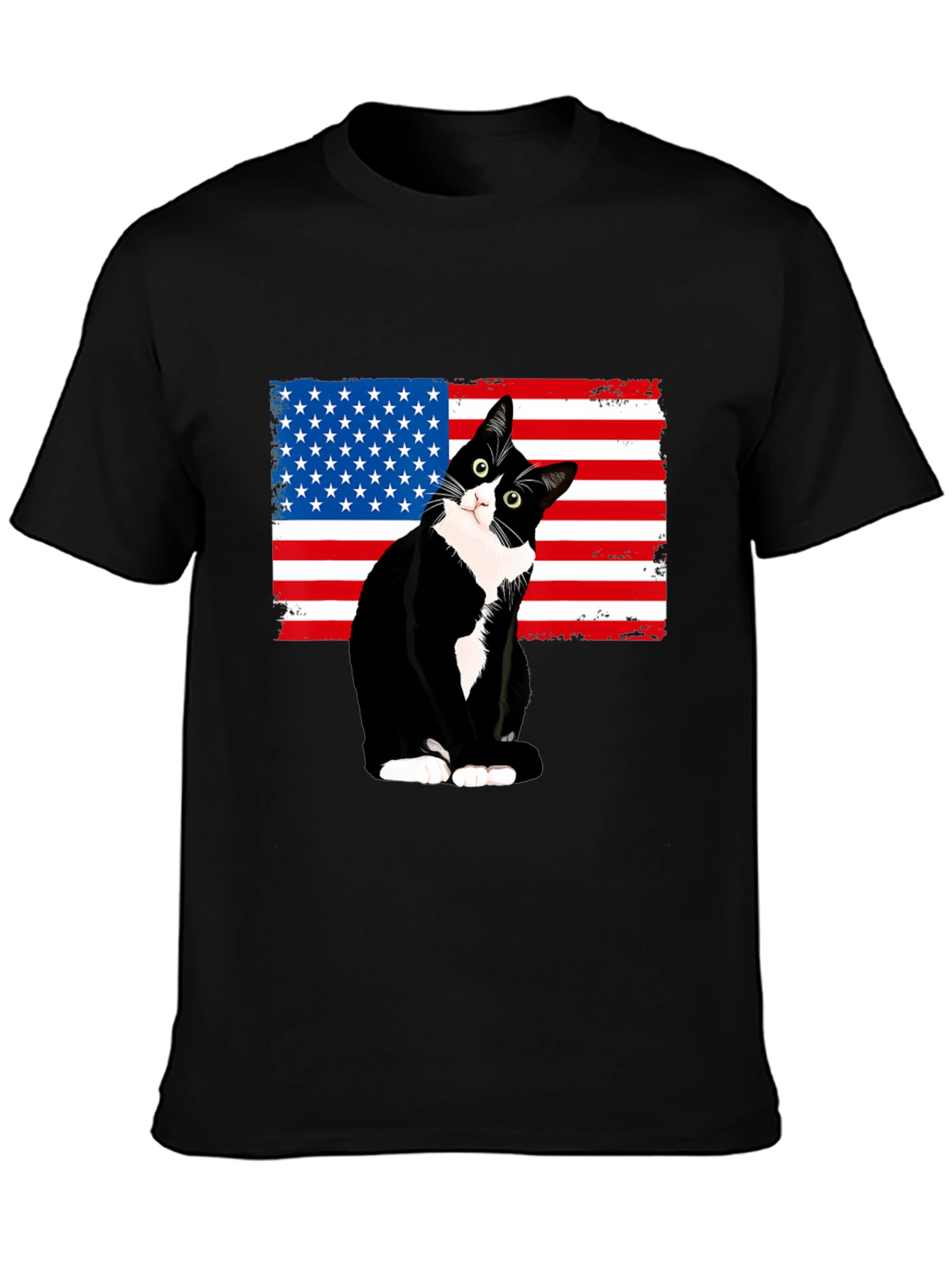 Patriotic Cat USA Flag T-Shirt - Black