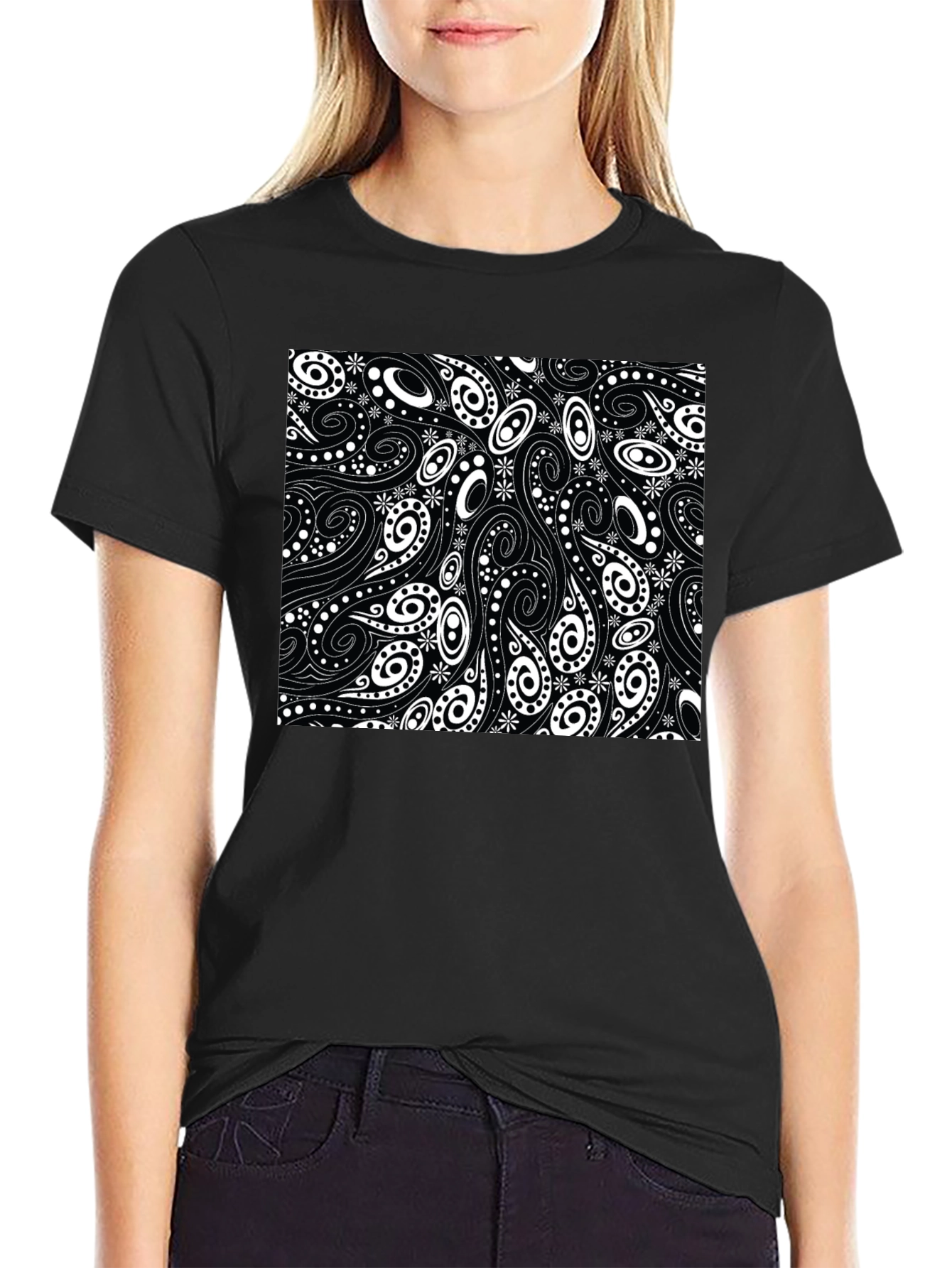 Black T-Shirt with Swirl & Paisley Design