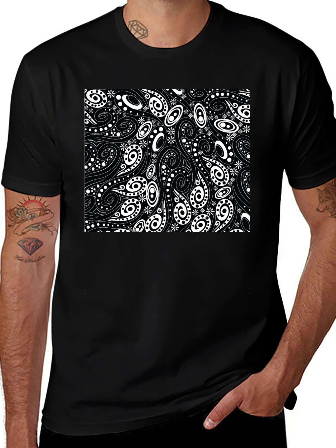 Black T-Shirt with Swirl & Paisley Design