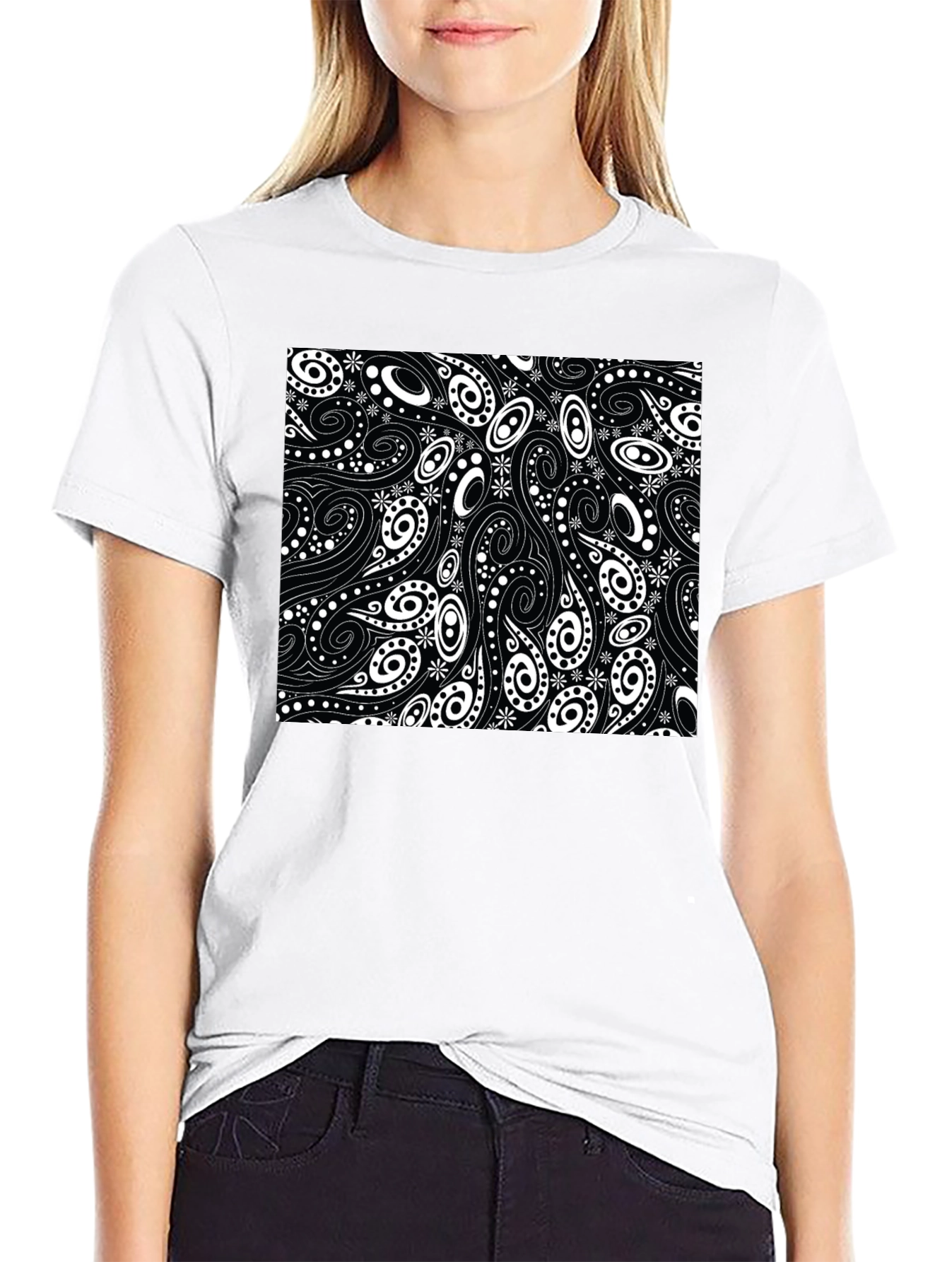 Black T-Shirt with Swirl & Paisley Design