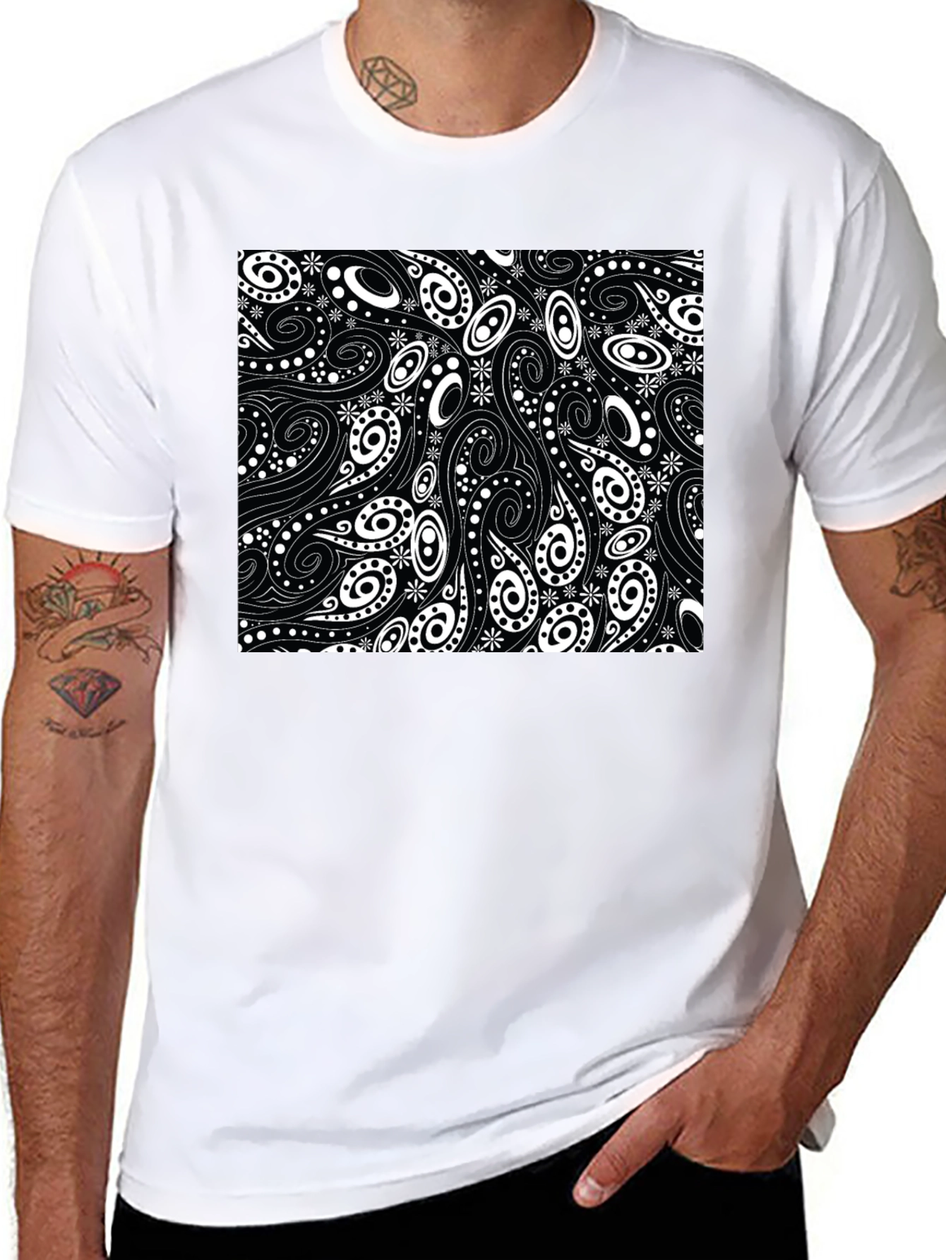 Black T-Shirt with Swirl & Paisley Design