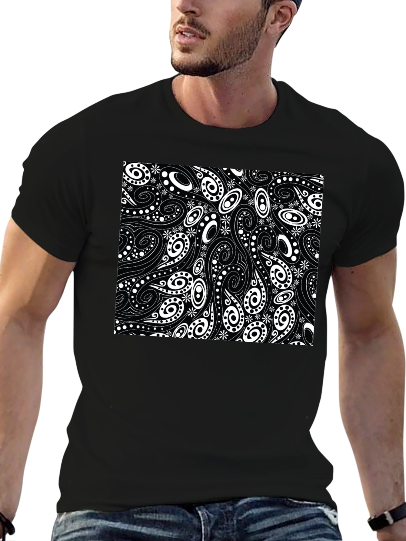 Black T-Shirt with Swirl & Paisley Design