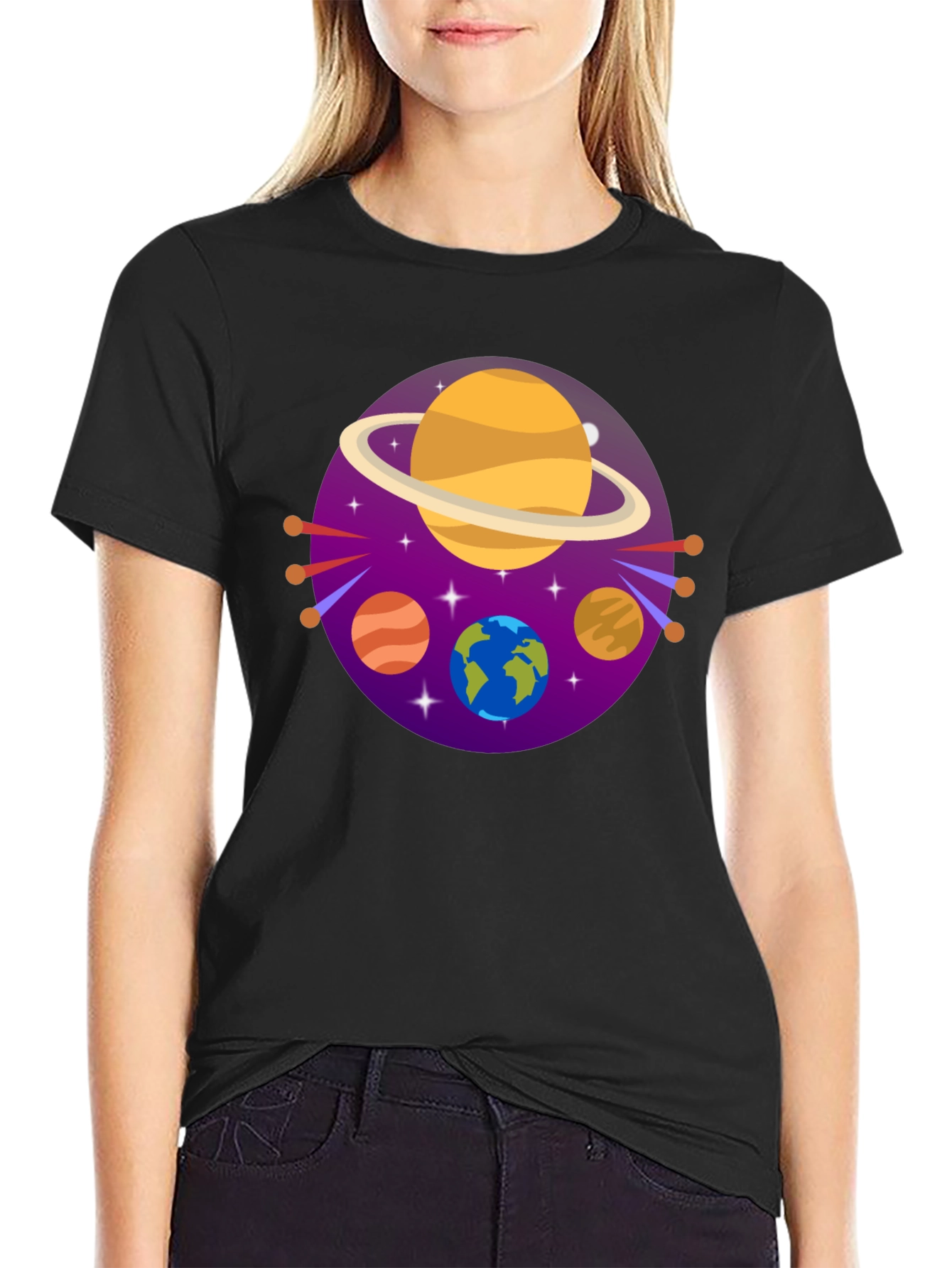 Cosmic Planets Graphic Tee - Black Cotton Blend