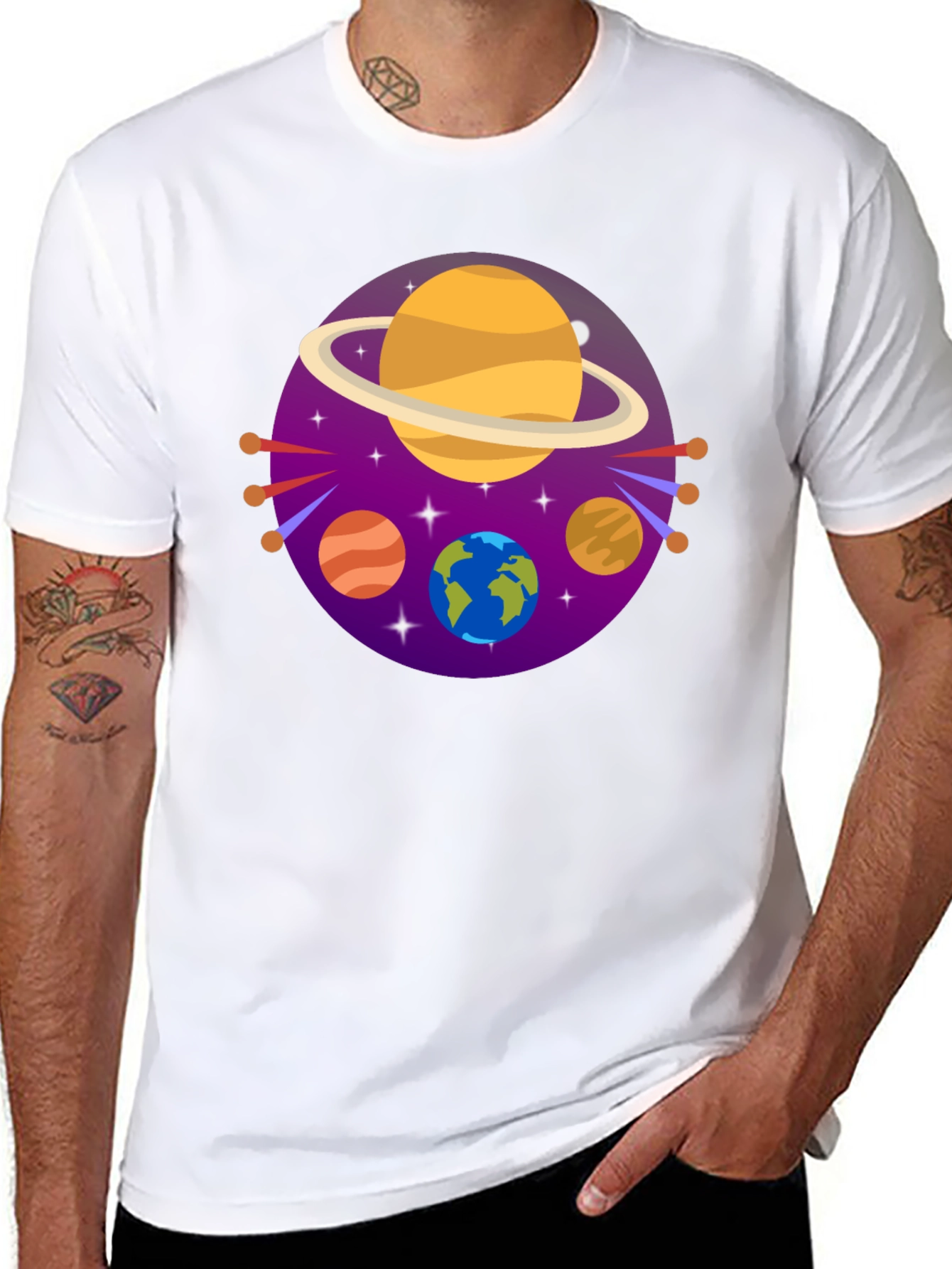 Cosmic Planets Graphic Tee - Black Cotton Blend