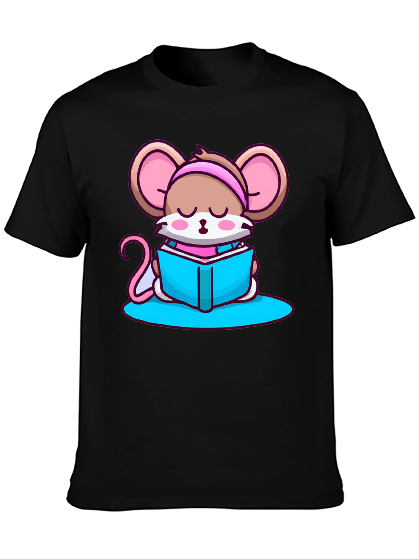 Cute Mouse Reading Book Black T-Shirt