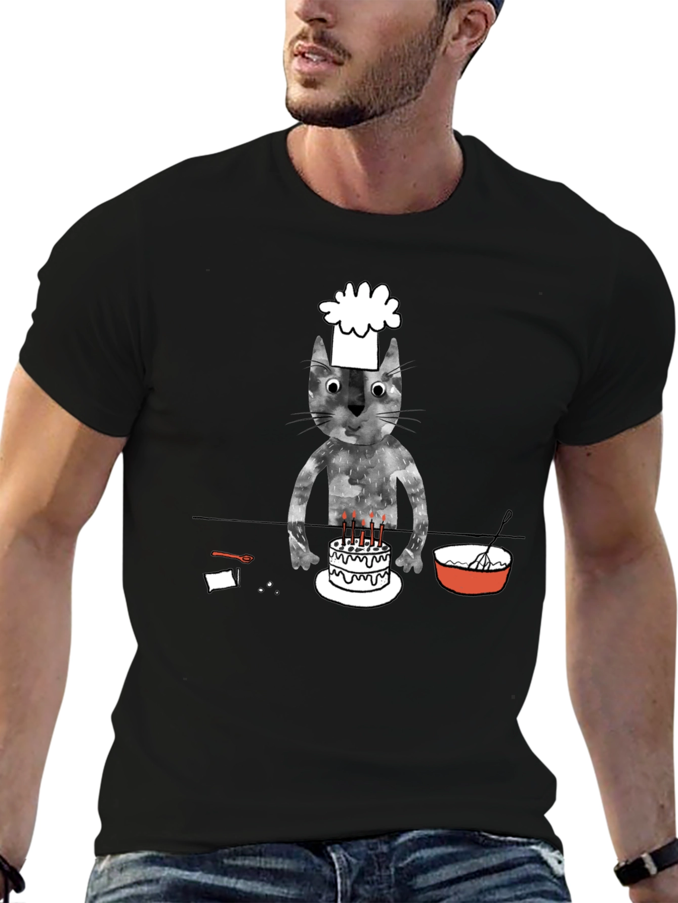 Chef Cat Birthday Cake T-Shirt - Black