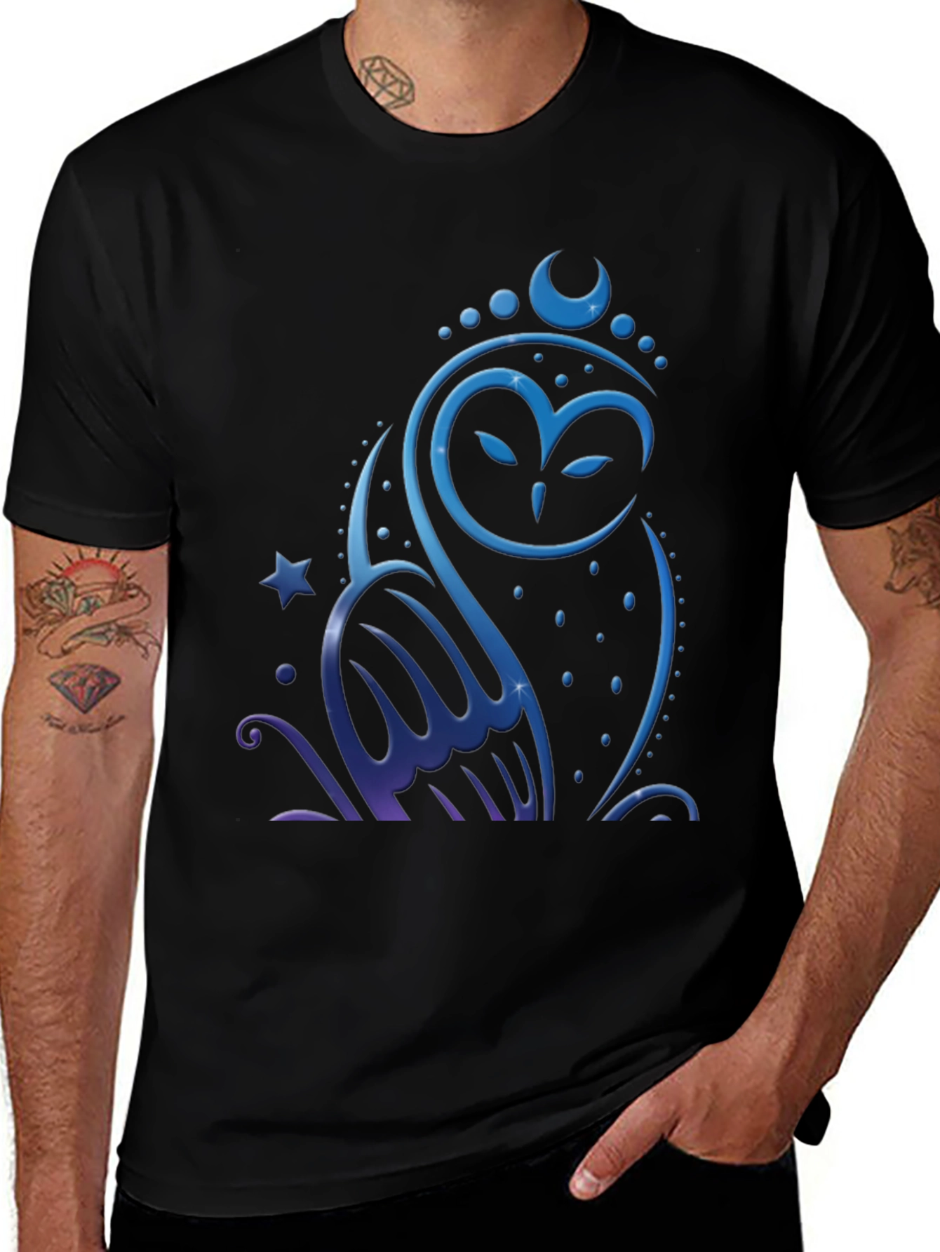 Owl Moon Star Graphic Tee - Mens Black T-Shirt