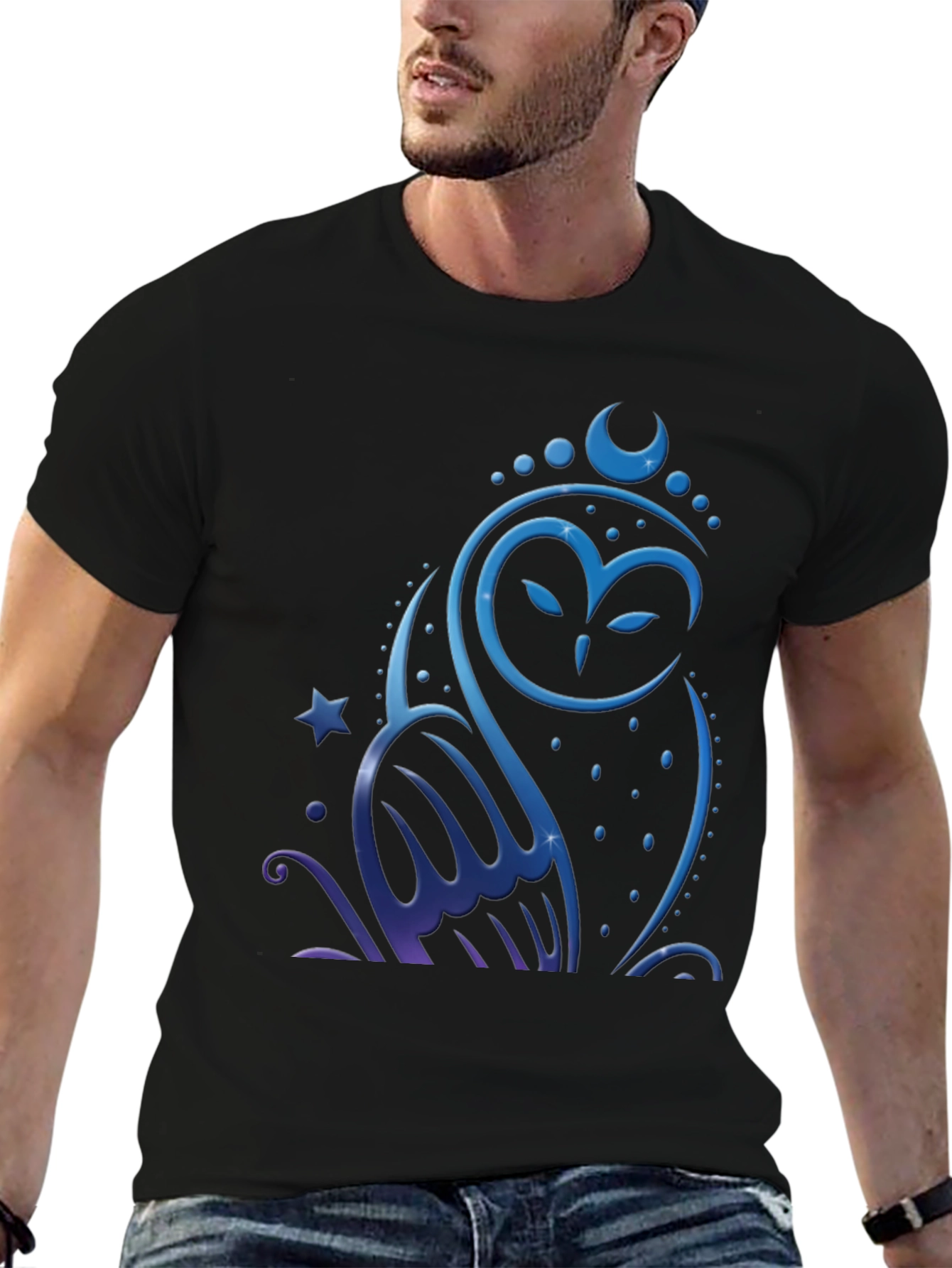 Owl Moon Star Graphic Tee - Mens Black T-Shirt