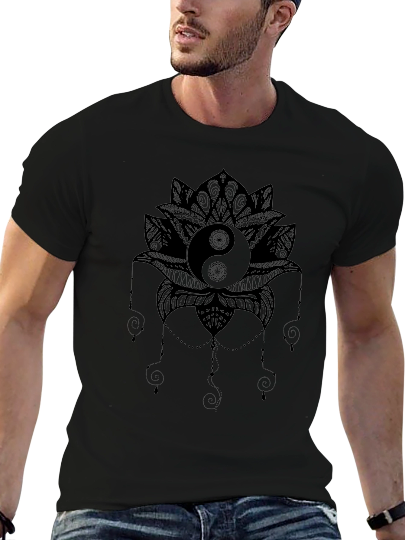 Yin Yang Lotus Graphic Tee - Black