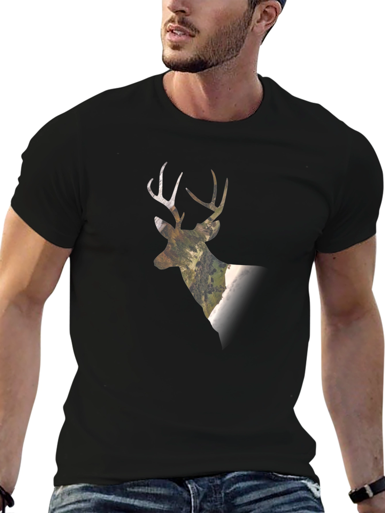 Camo Deer Graphic Tee - Black Cotton Blend