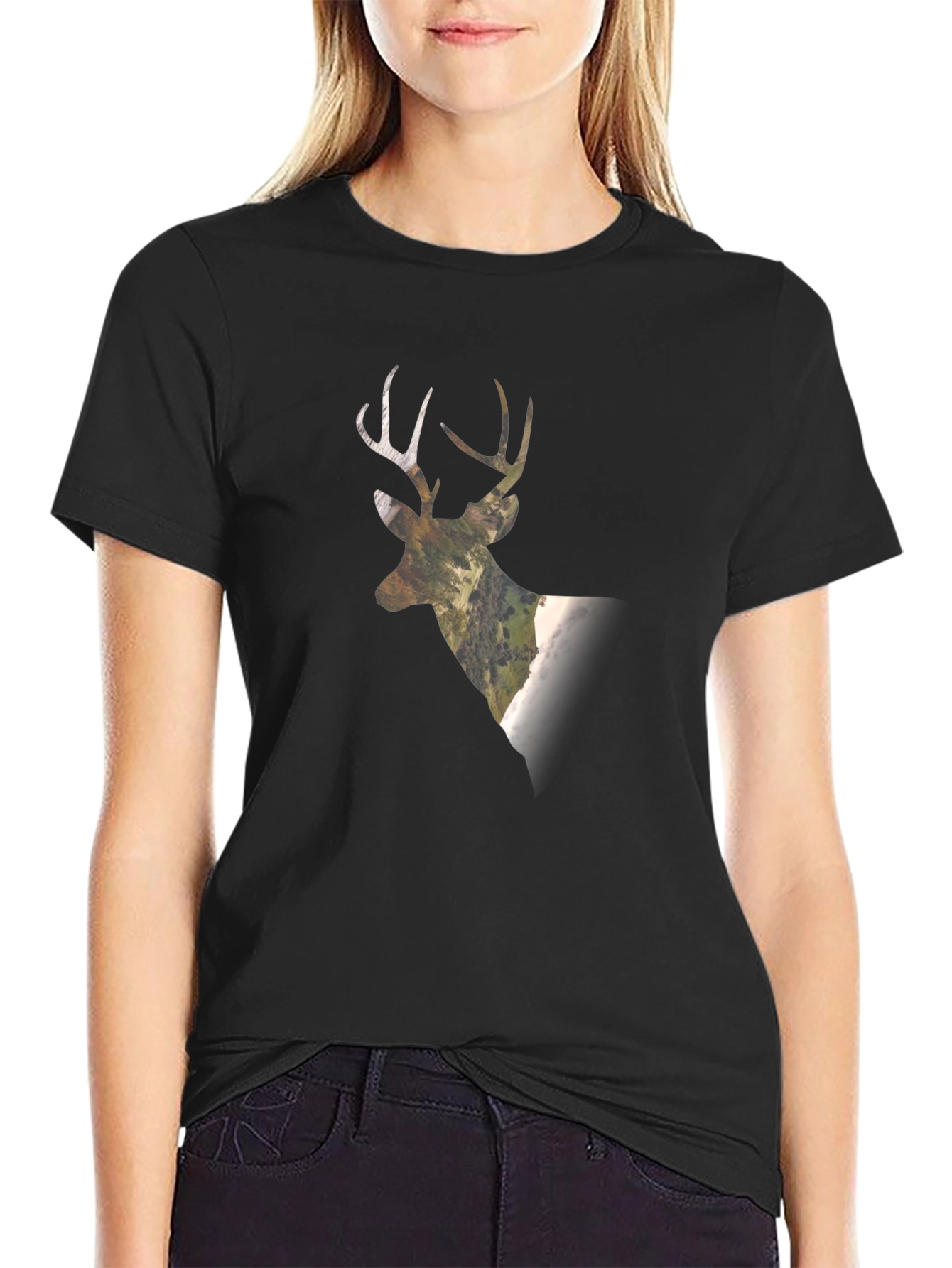 Camo Deer Graphic Tee - Black Cotton Blend
