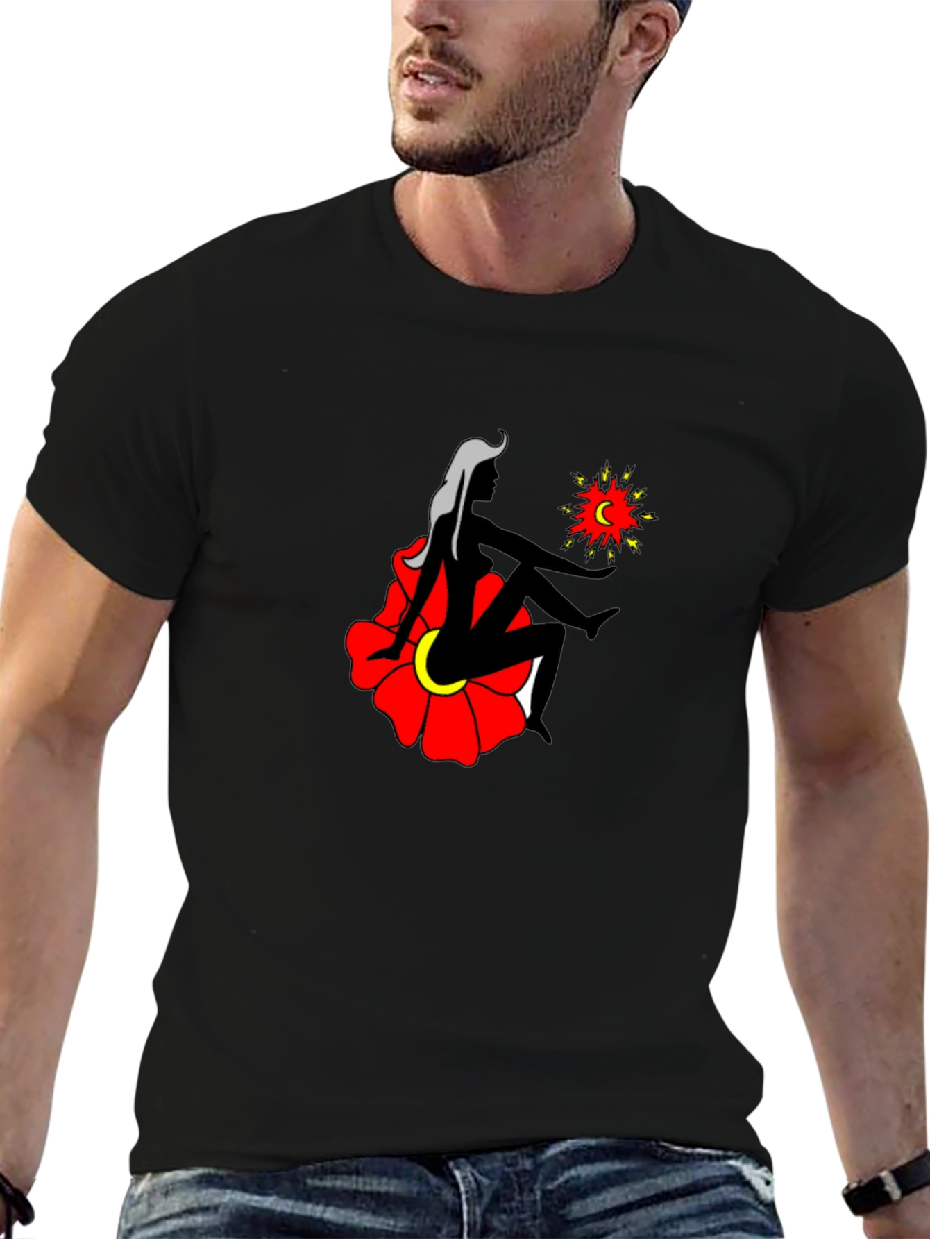 Black T-Shirt with Woman and Flower Graphic