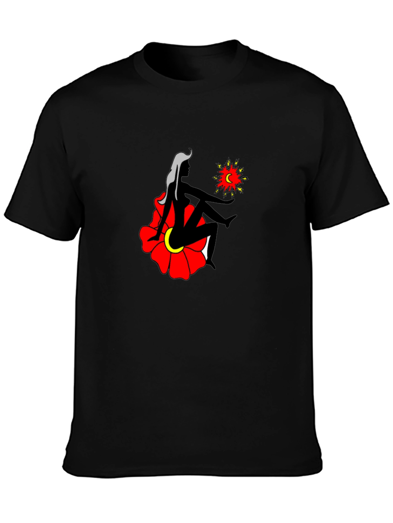 Black T-Shirt with Woman and Flower Graphic