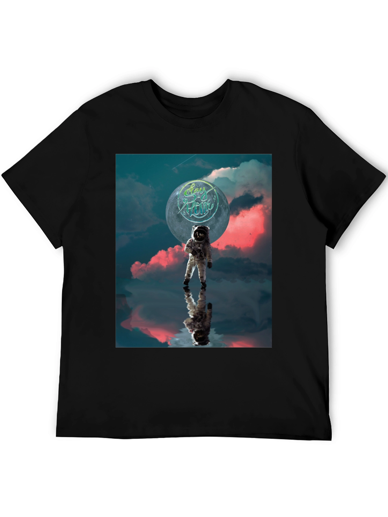 Astronaut Stay Home Graphic Black T-Shirt