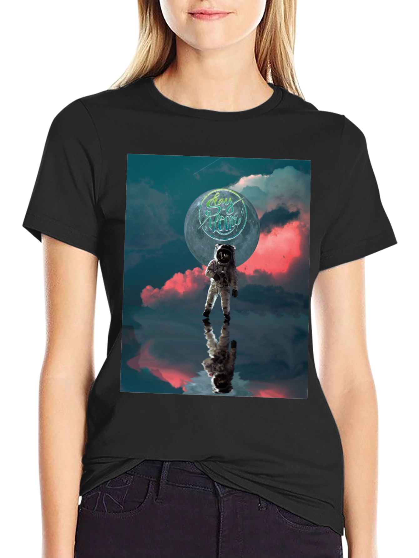 Astronaut Stay Home Graphic Black T-Shirt