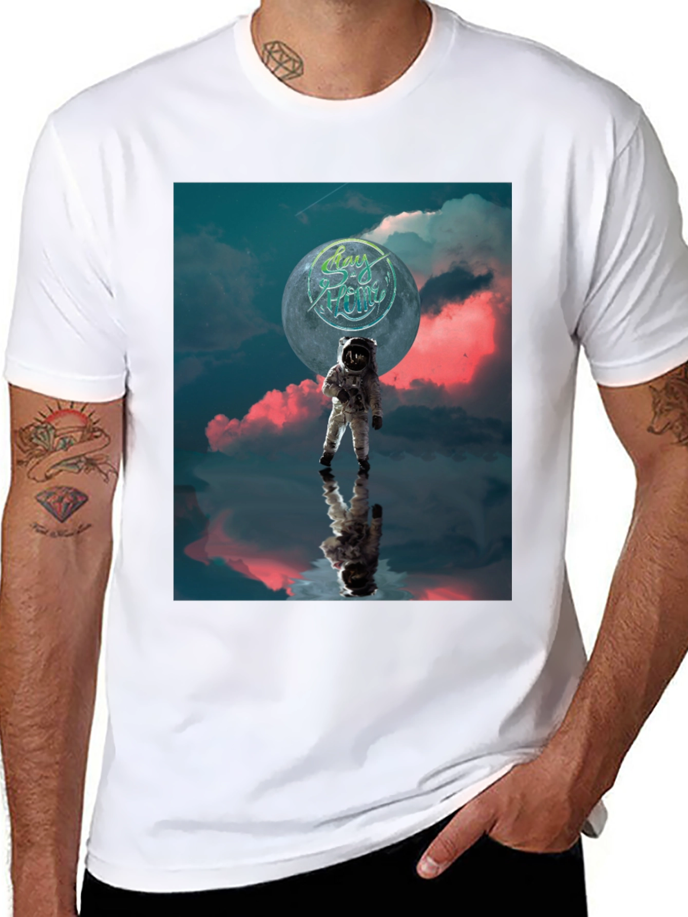 Astronaut Stay Home Graphic Black T-Shirt