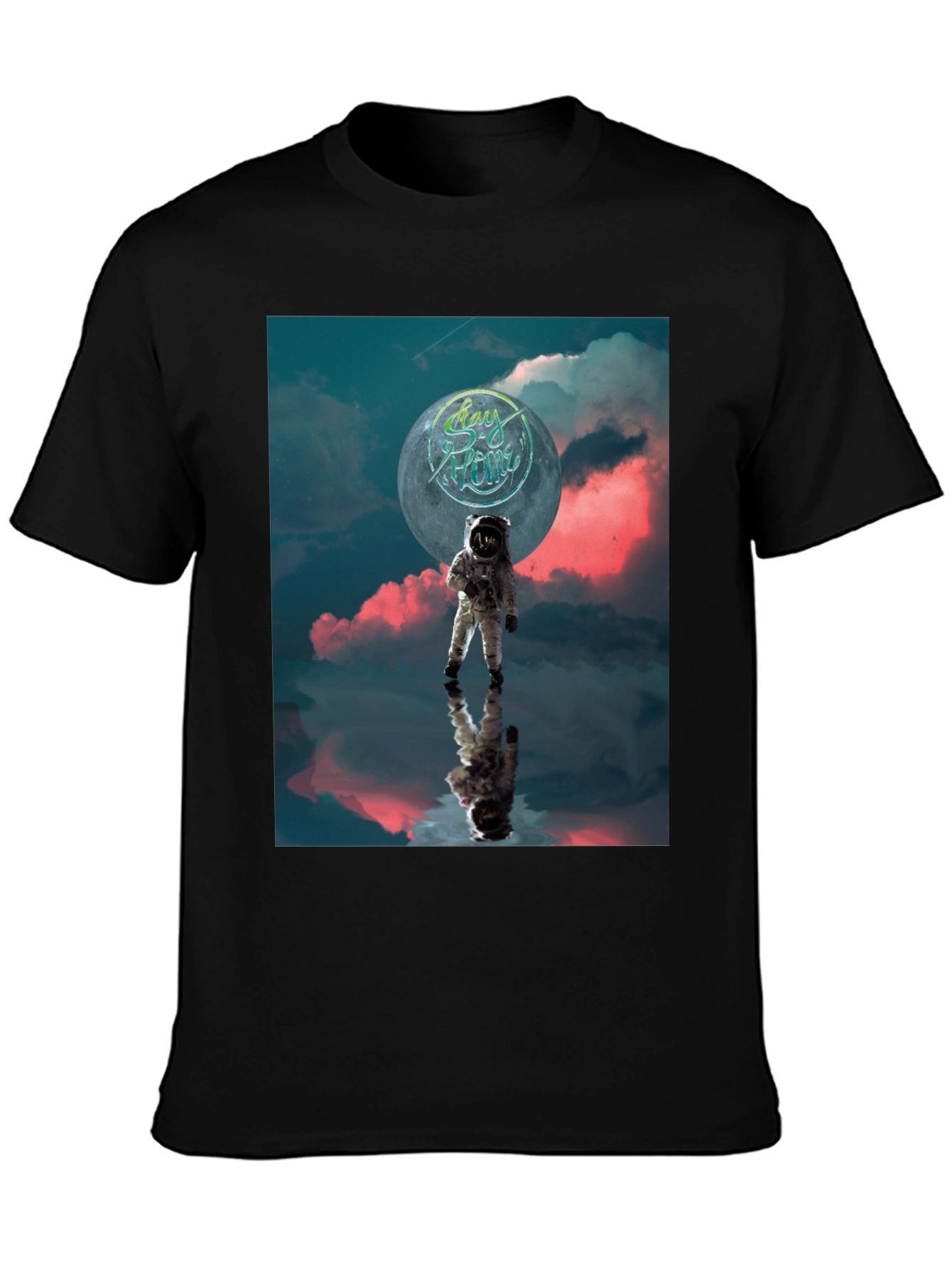 Astronaut Stay Home Graphic Black T-Shirt